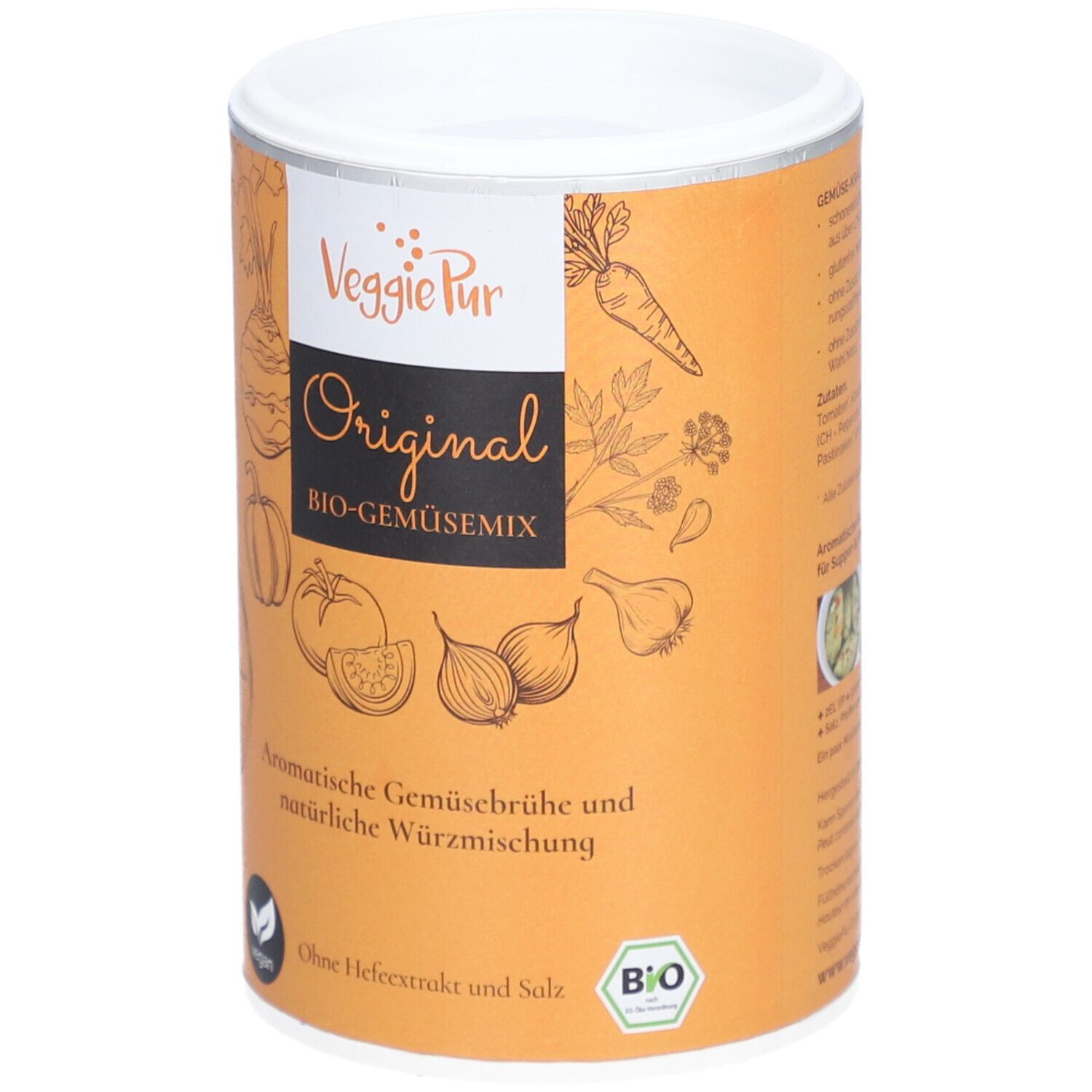 Cilindrische doos met deksel. Opschrift: Veggie Pur Original BIO-Gemüsemix. Illustraties van groenten. Vegan- en bio-keurmerk.