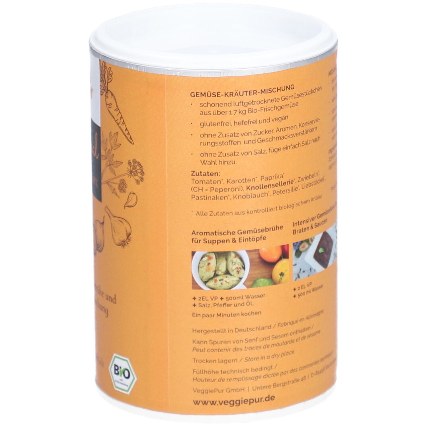 Achterkant van de doos. Tekst: groente-kruidenmengsel. Ingrediëntenlijst. Bio-label. Bereidingsinstructies. Fabrikantinformatie.