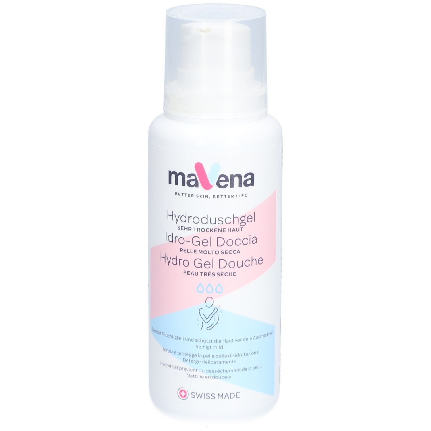 Witte fles met pompsluiting. Opschrift: Mavena Hydro Gel douche, zeer droge huid. Logo en productnamen in meerdere talen.