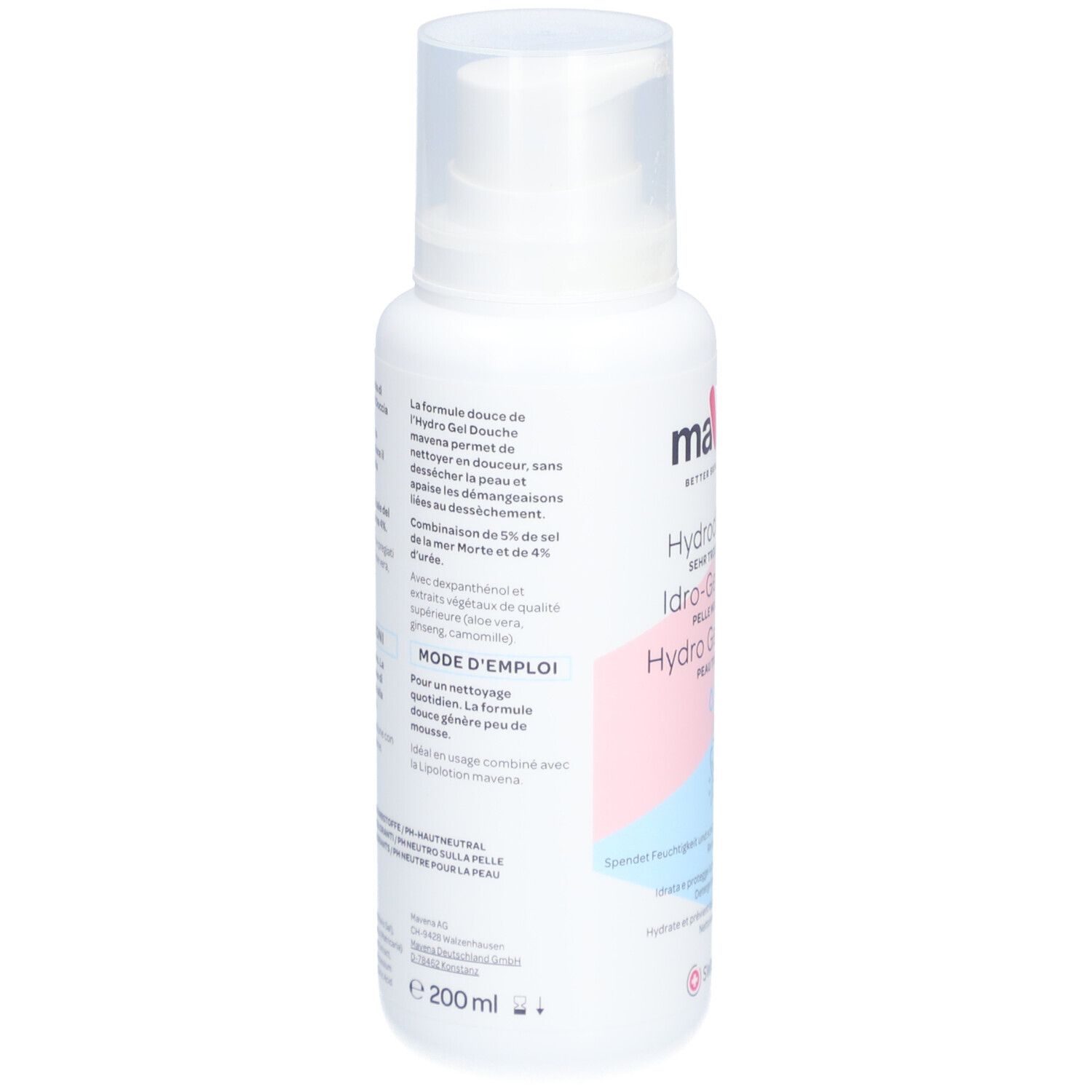 Achterkant van de witte fles. Tekst in meerdere talen. Bevat informatie over gebruik en ingrediënten. Volume: 200 ml.