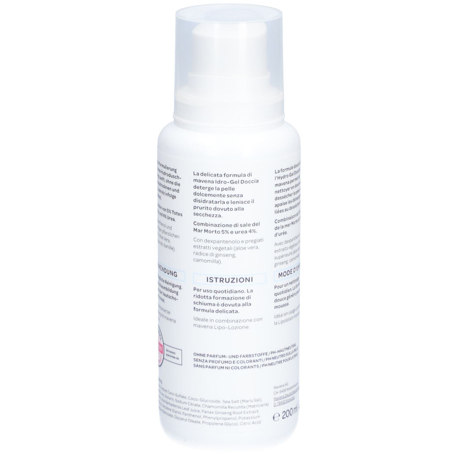 Achterkant van de witte fles. Tekst in meerdere talen. Bevat informatie over gebruik en ingrediënten. Volume: 200 ml.