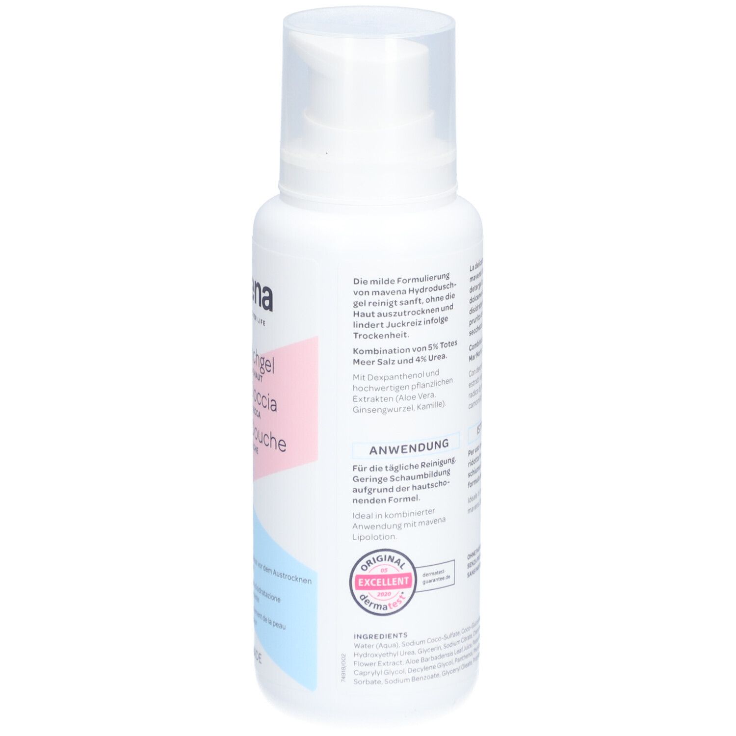 Achterkant van de witte fles. Tekst in meerdere talen. Bevat informatie over gebruik en ingrediënten. Volume: 200 ml. Keurmerk.