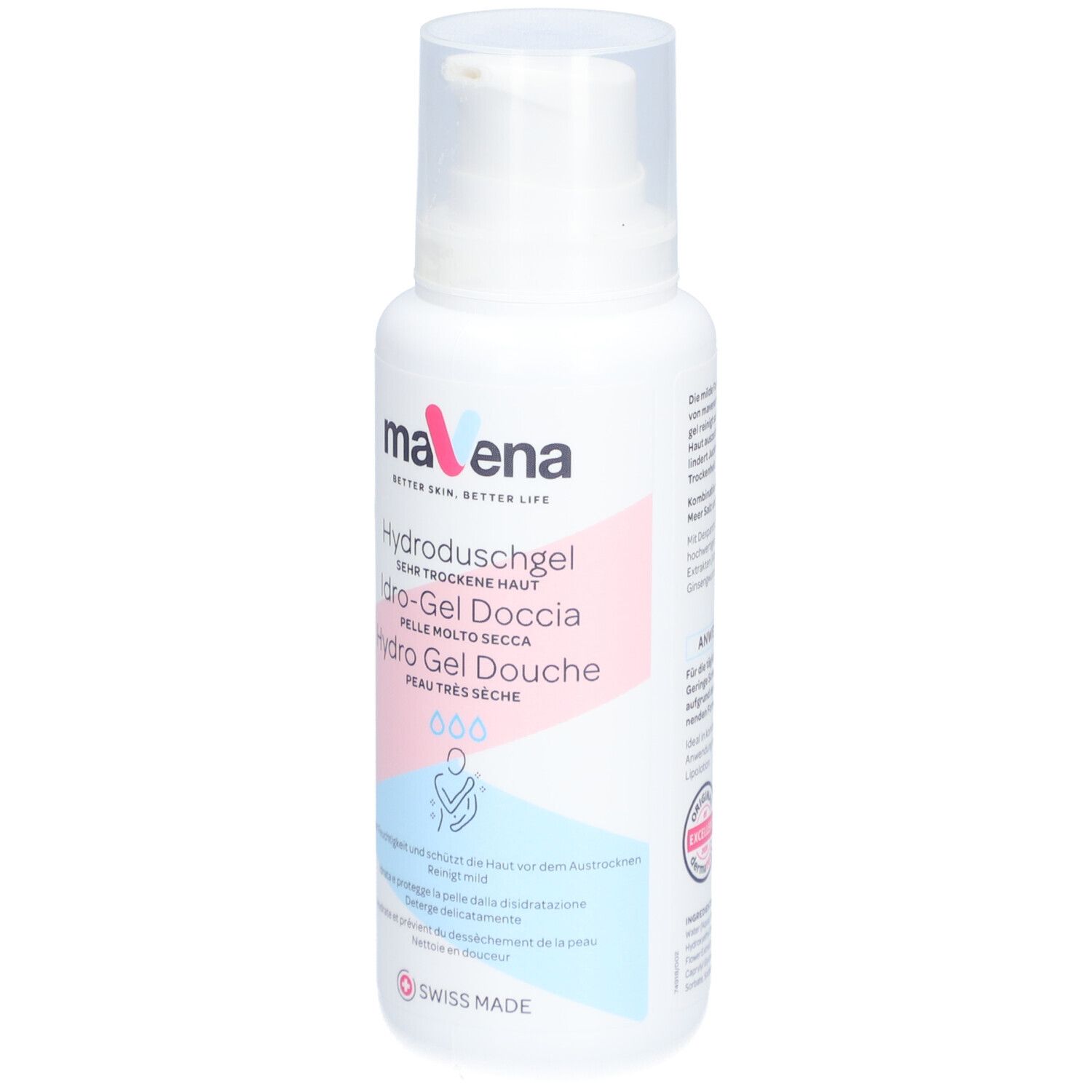 Witte fles met pompsluiting. Opschrift: Mavena Hydro Gel douche, zeer droge huid. Logo en productnamen in meerdere talen.