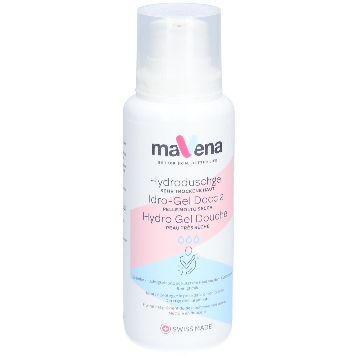 Witte fles met pompsluiting. Opschrift: Mavena Hydro Gel douche, zeer droge huid. Logo en productnamen in meerdere talen.