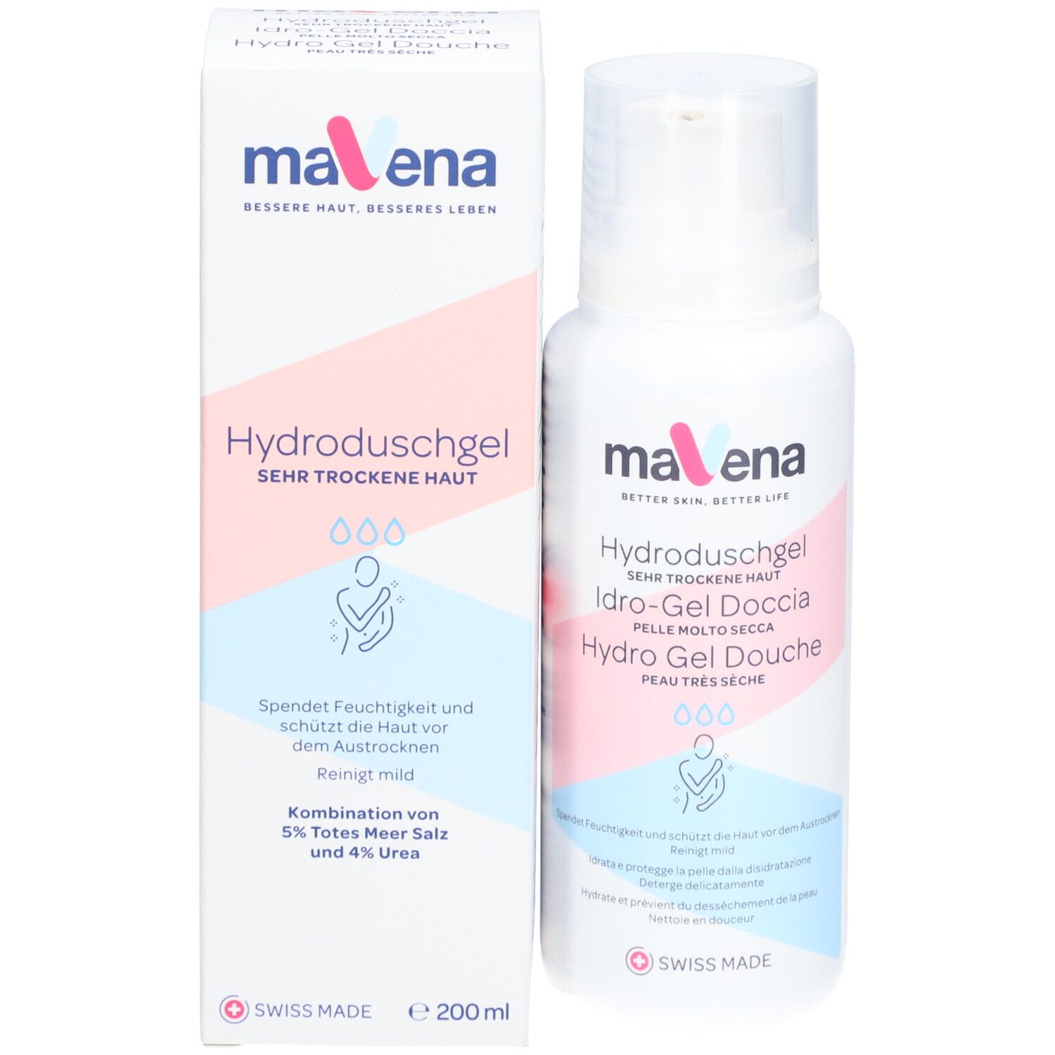 Productverpakking en fles. Opschrift: Mavena Hydro Gel douche, zeer droge huid. Bevat 5% Dode Zeezout en 4% ureum. Volume: 200 ml.