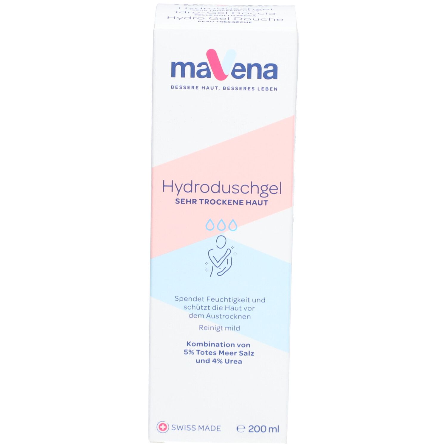 Productverpakking. Opschrift: Mavena Hydro Gel douche, zeer droge huid. Bevat 5% Dode Zeezout en 4% ureum. Volume: 200 ml.