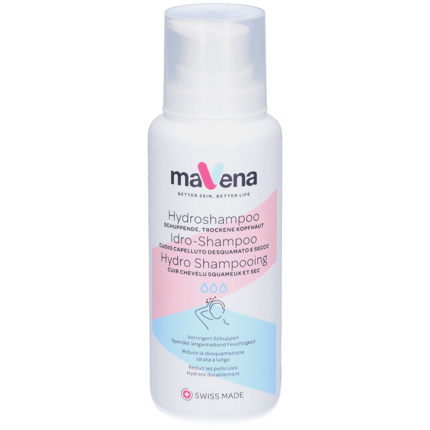 Witte fles met pomp. Tekst: Mavena Hydroshampoo. Voor schilferige, droge hoofdhuid. Swiss Made.