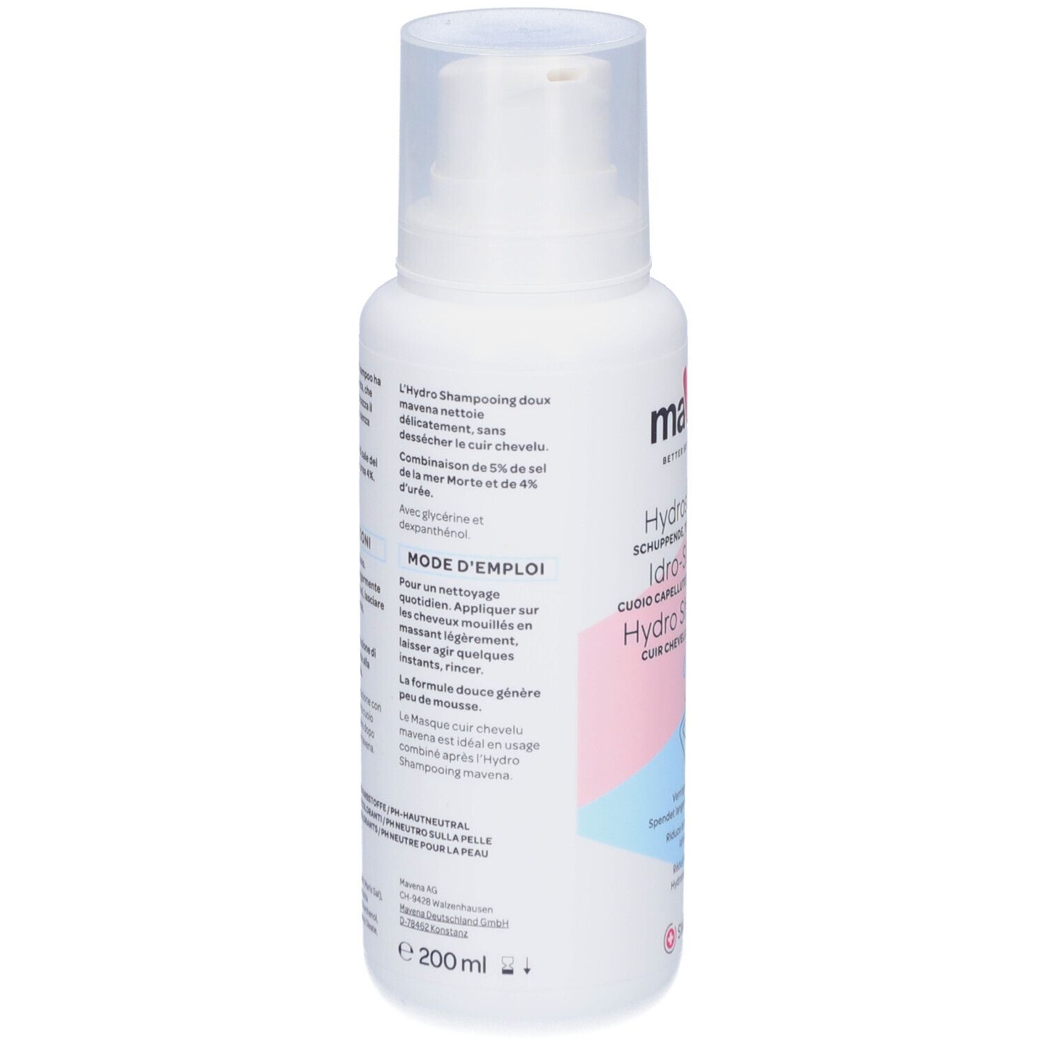 Achterkant van de witte fles. Tekst: Mavena Hydroshampoo. Ingrediënten, gebruiksaanwijzing. Volume: 200 ml.