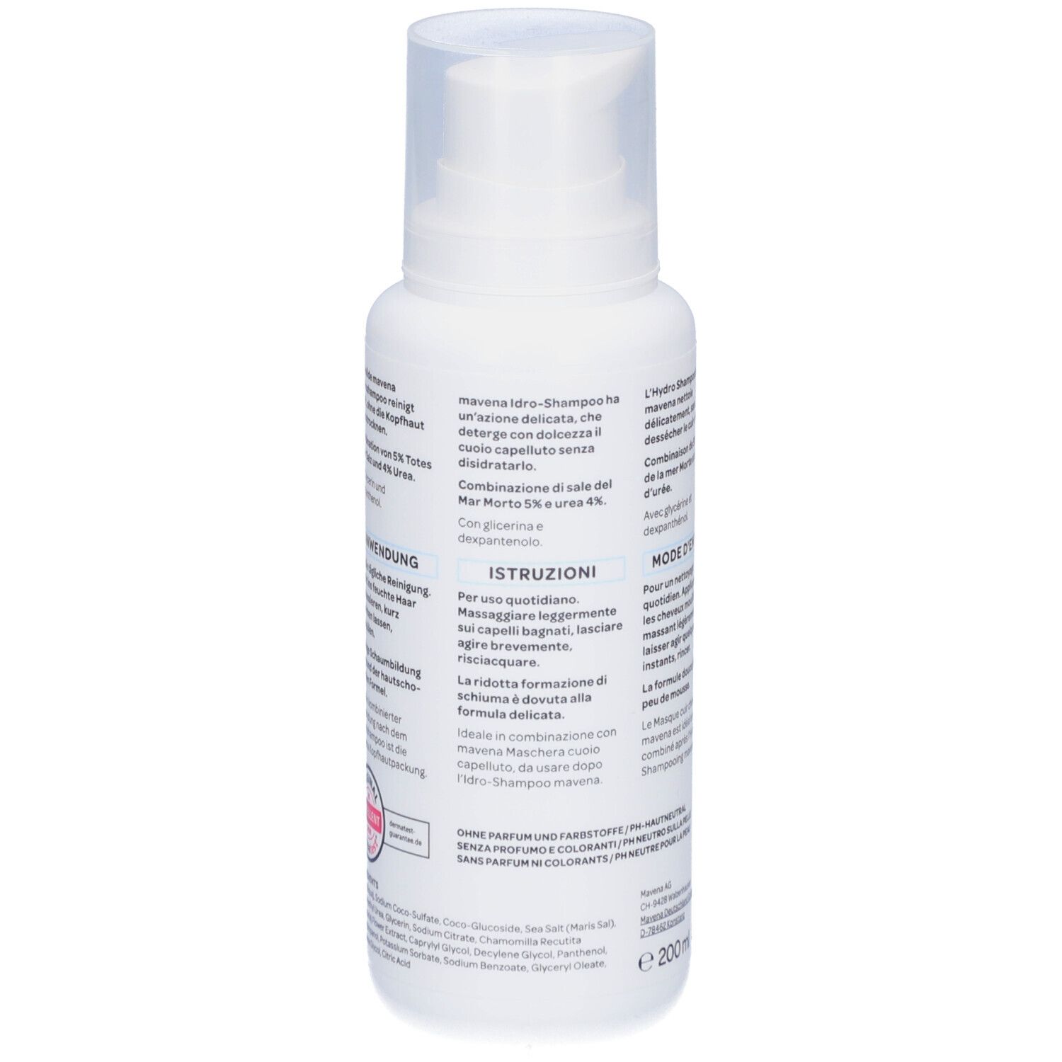 Achterkant van de witte fles. Tekst: Mavena Hydroshampoo. Ingrediënten, gebruiksaanwijzing. Volume: 200 ml.