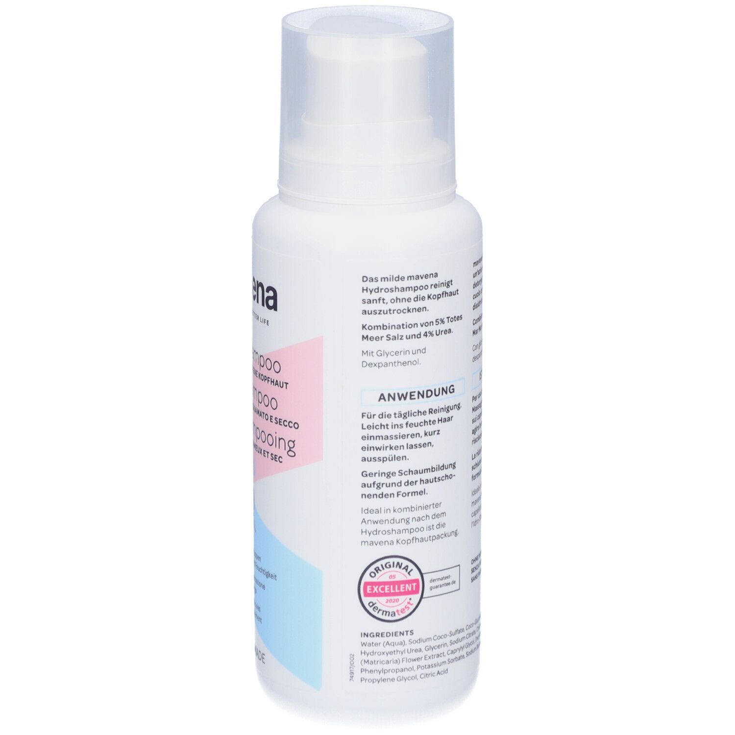 Achterkant van de witte fles. Tekst: Mavena Hydroshampoo. Gebruiksaanwijzing. Kwaliteitslabel.