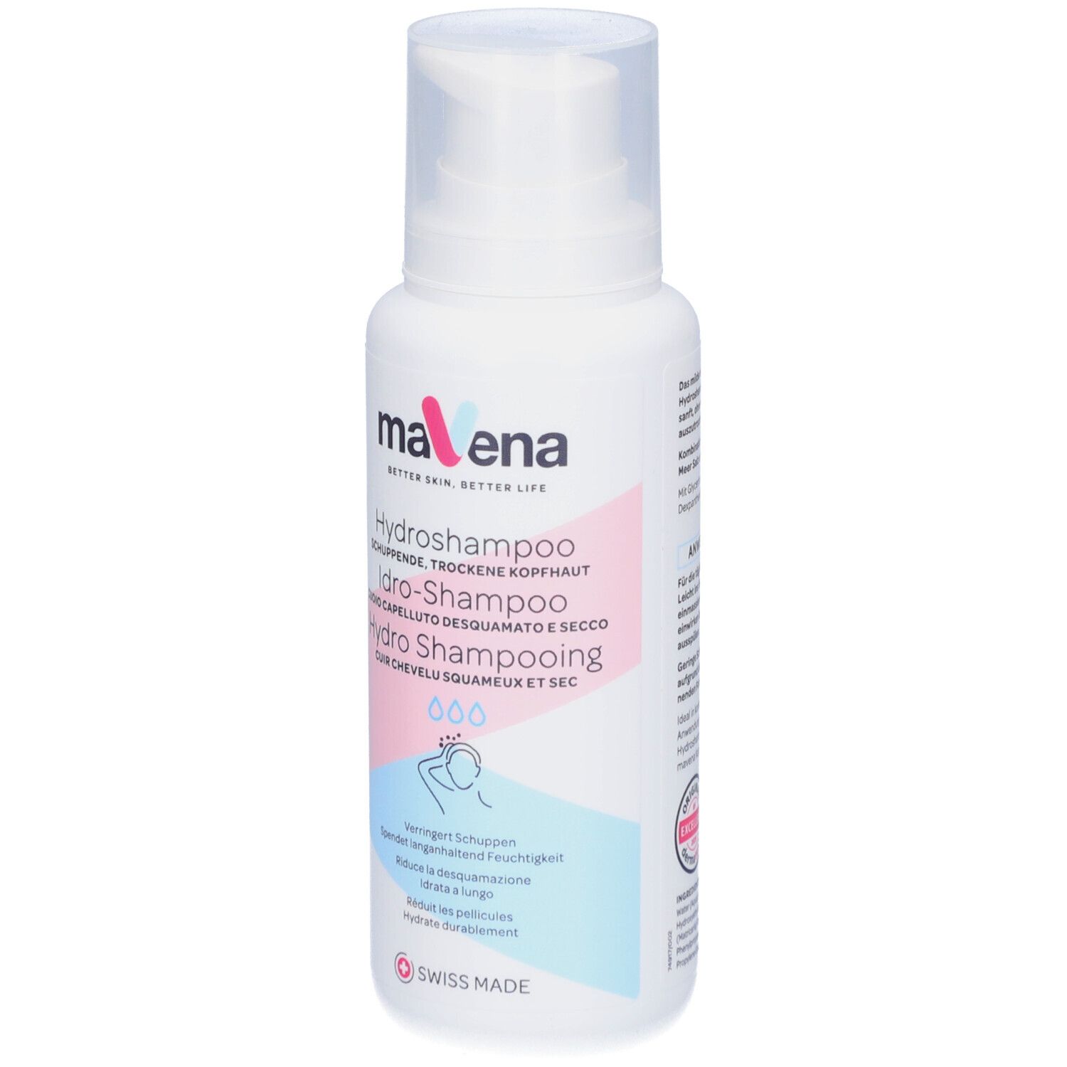Witte fles met pomp. Tekst: Mavena Hydroshampoo. Voor schilferige, droge hoofdhuid. Swiss Made.