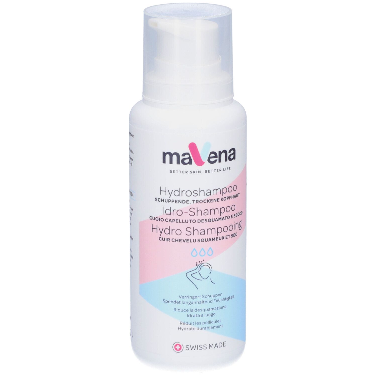 Witte fles met pomp. Tekst: Mavena Hydroshampoo. Voor schilferige, droge hoofdhuid. Swiss Made.