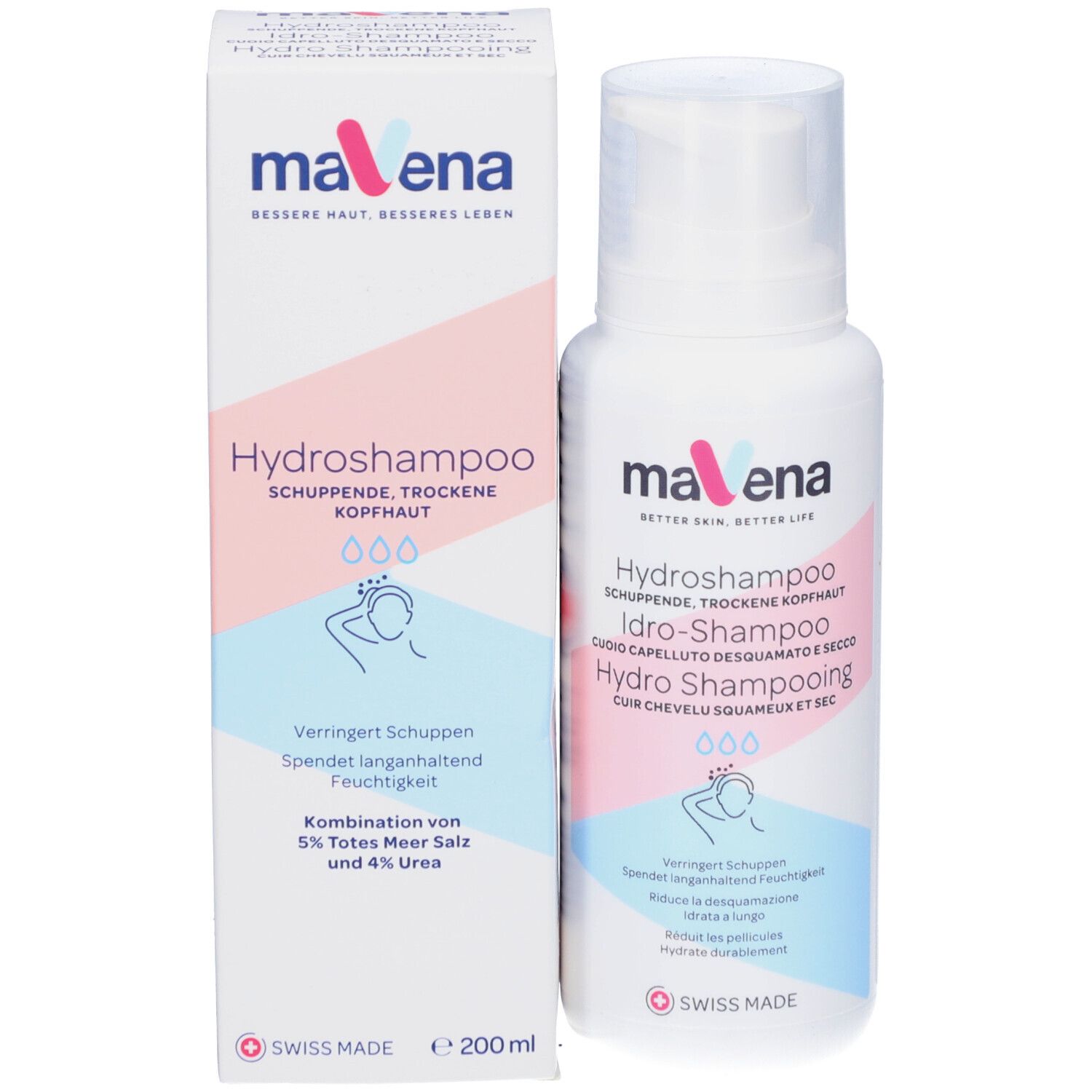 Productverpakking en fles. Tekst: Mavena Hydroshampoo. Voor schilferige, droge hoofdhuid. Volume: 200 ml.