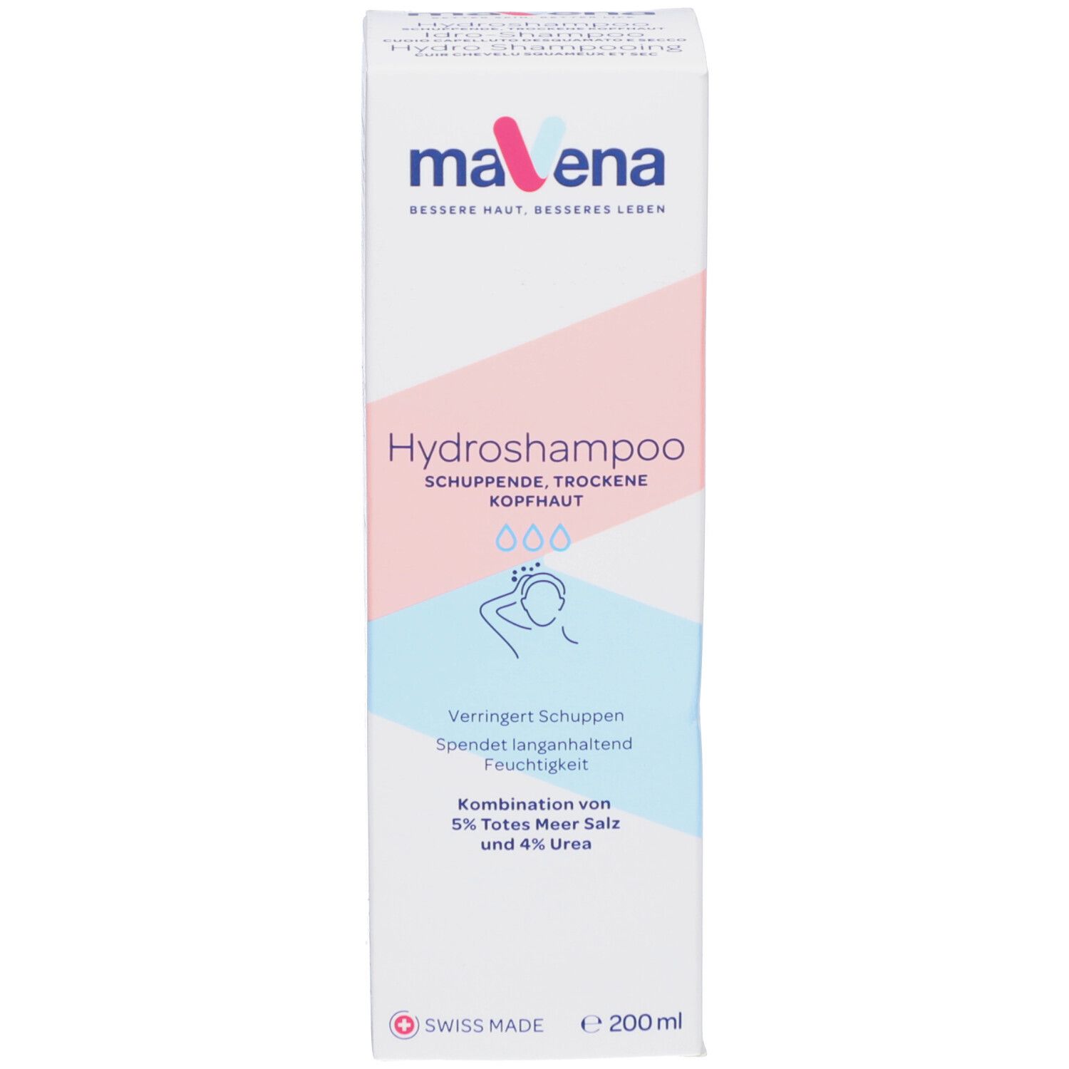 Productverpakking. Tekst: Mavena Hydroshampoo. Voor schilferige, droge hoofdhuid. Volume: 200 ml.