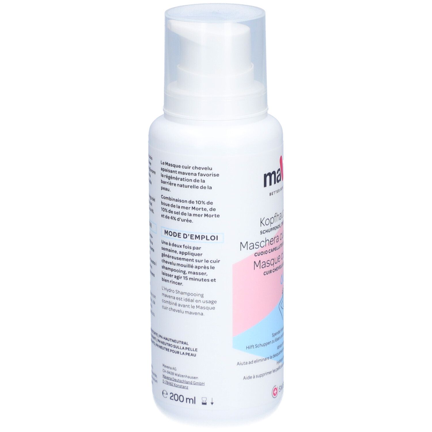 Achterkant van de fles. Tekst in het Duits, Frans en Italiaans. Mavena Kopfhautpackung. Swiss Made. 200 ml.