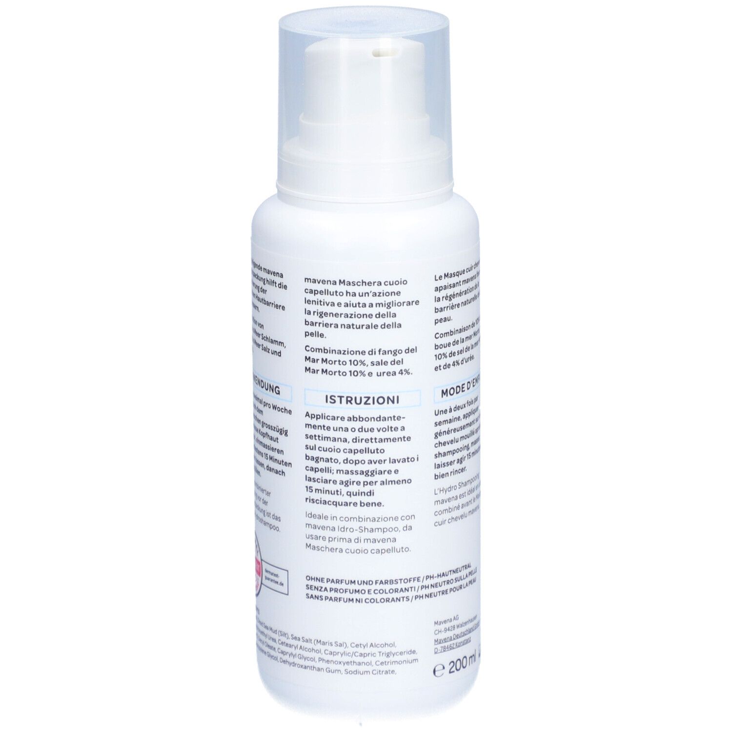 Achterkant van de fles. Tekst in het Duits, Frans en Italiaans. Mavena Kopfhautpackung. 200 ml.