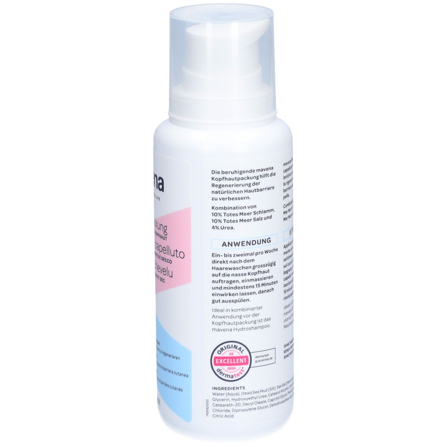 Achterkant van de fles. Tekst in het Duits, Frans en Italiaans. Mavena Kopfhautpackung. Dermatologisch getest.