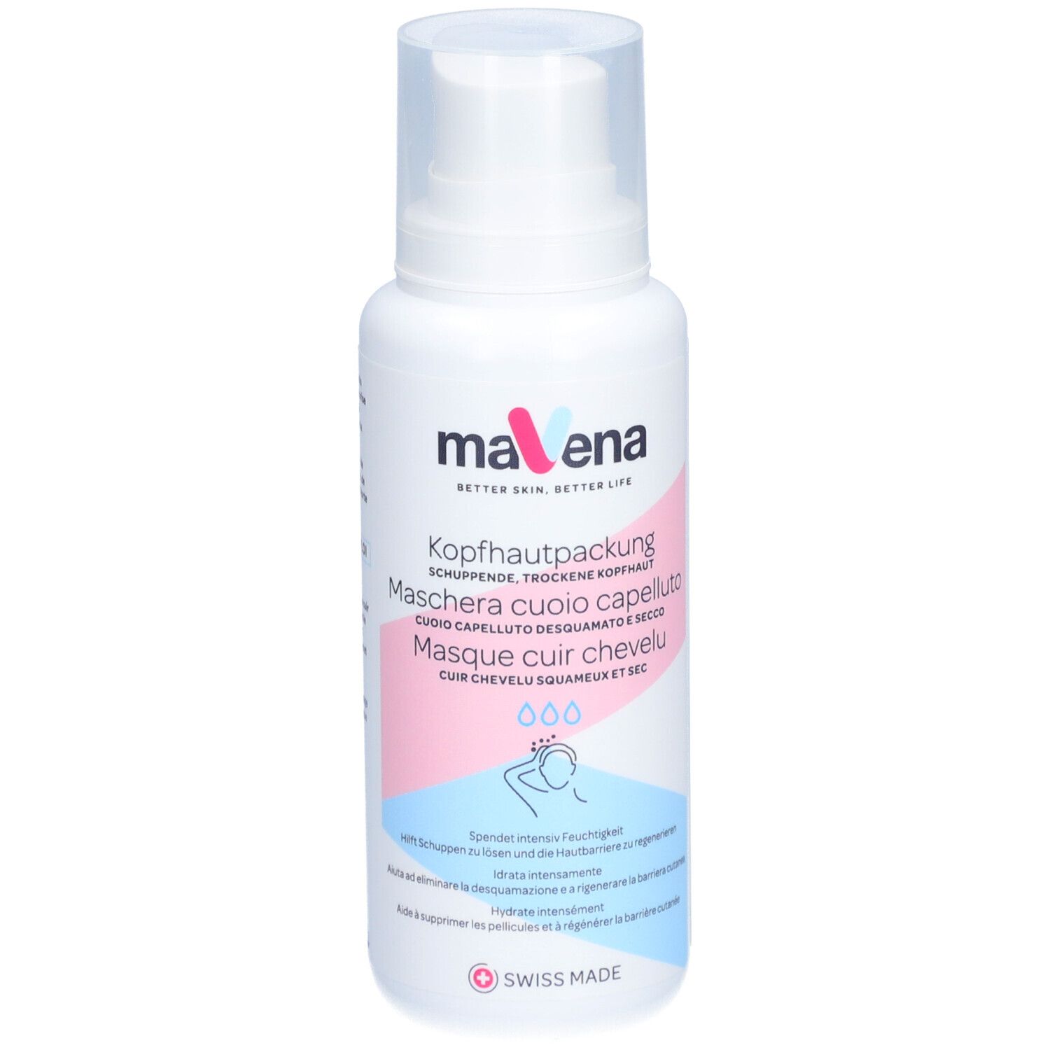 Witte fles met verstuiver. Opschrift: Mavena Kopfhautpackung. Roze en blauwe accenten. Swiss Made.