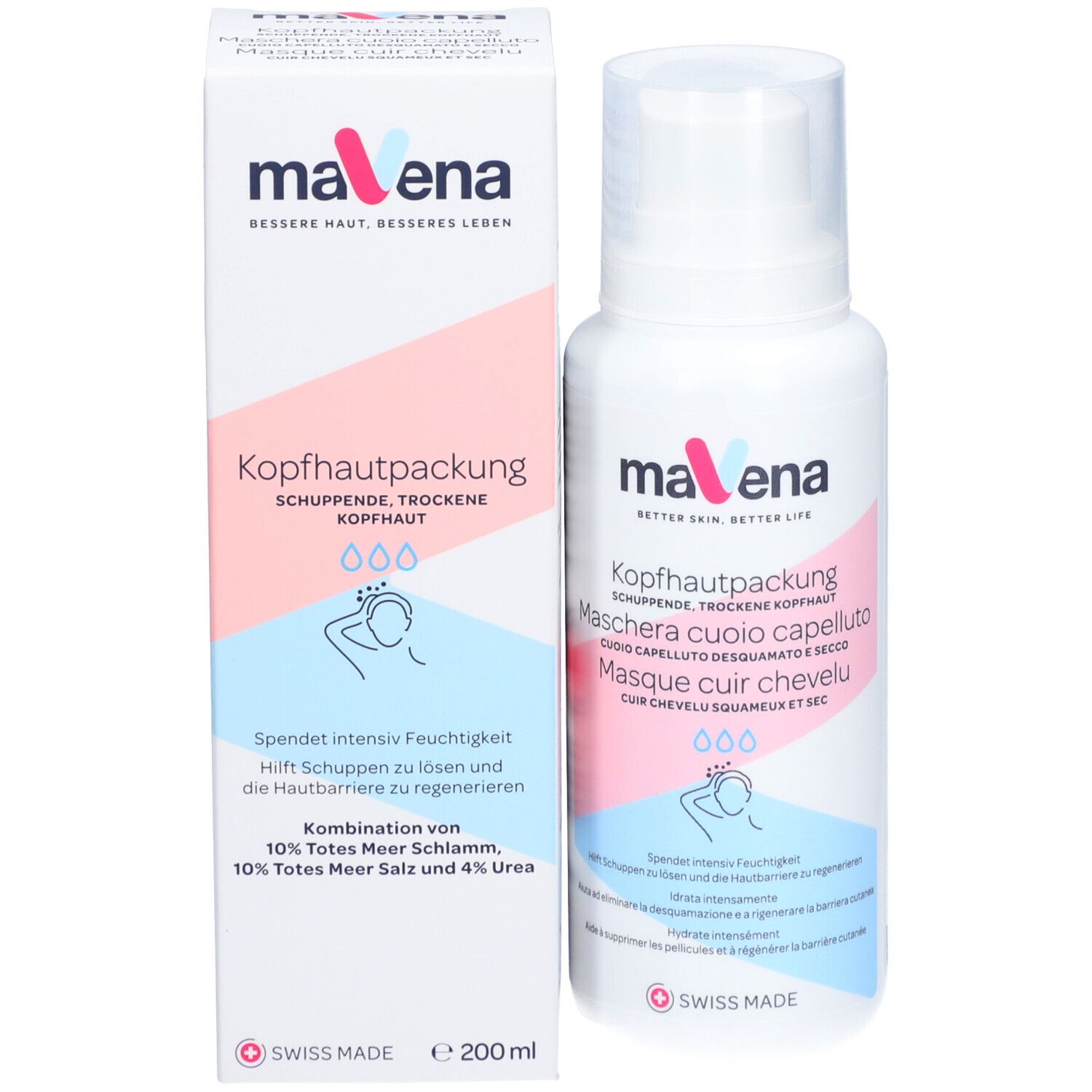 Product en verpakking. Witte fles met doos. Opschrift: Mavena Kopfhautpackung. 200 ml. Swiss Made.