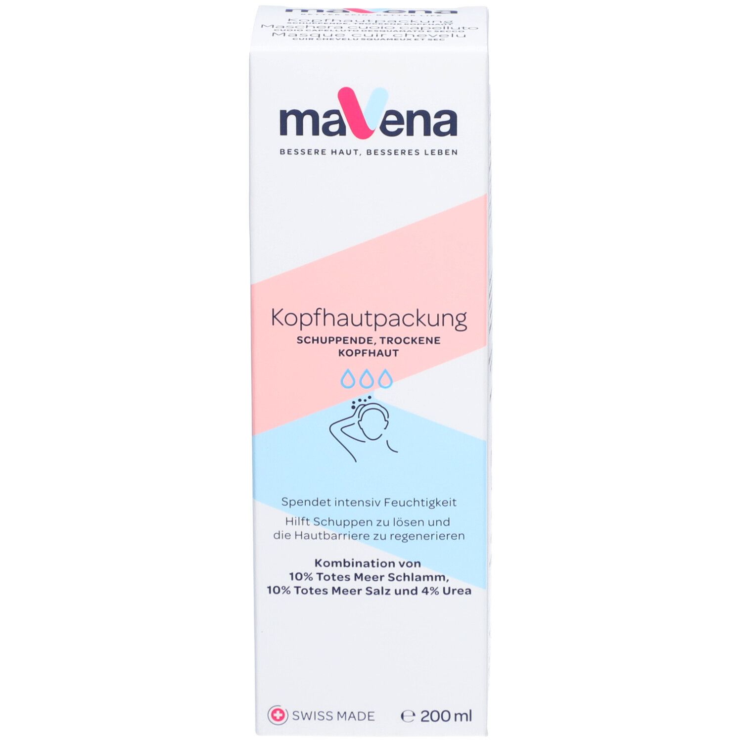 Kartonnen verpakking. Opschrift: Mavena Kopfhautpackung. Roze en blauwe accenten. 200 ml. Swiss Made.