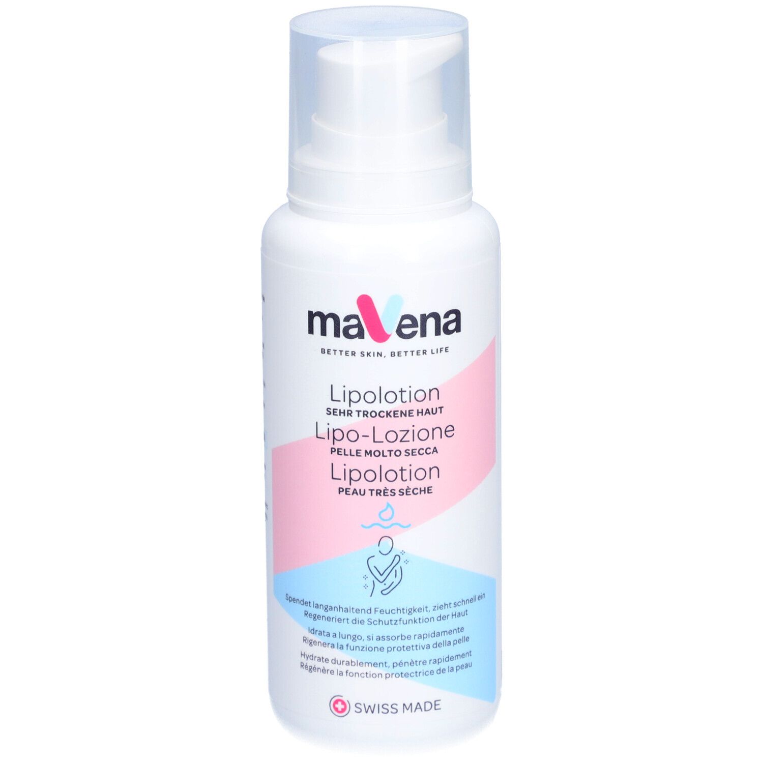 Flacon blanc maVena Lipolotion. Nom du produit et texte en allemand, italien et français. Avec pompe.