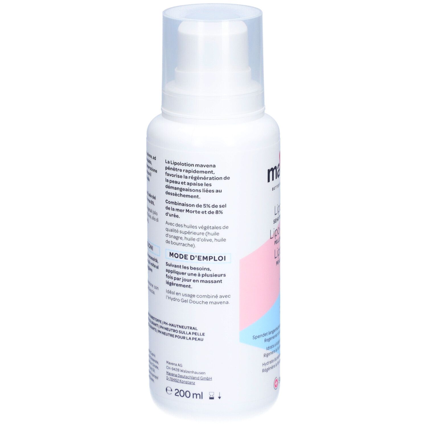 Dos du flacon blanc maVena Lipolotion. Texte en plusieurs langues. Ingrédients et mode d'emploi.