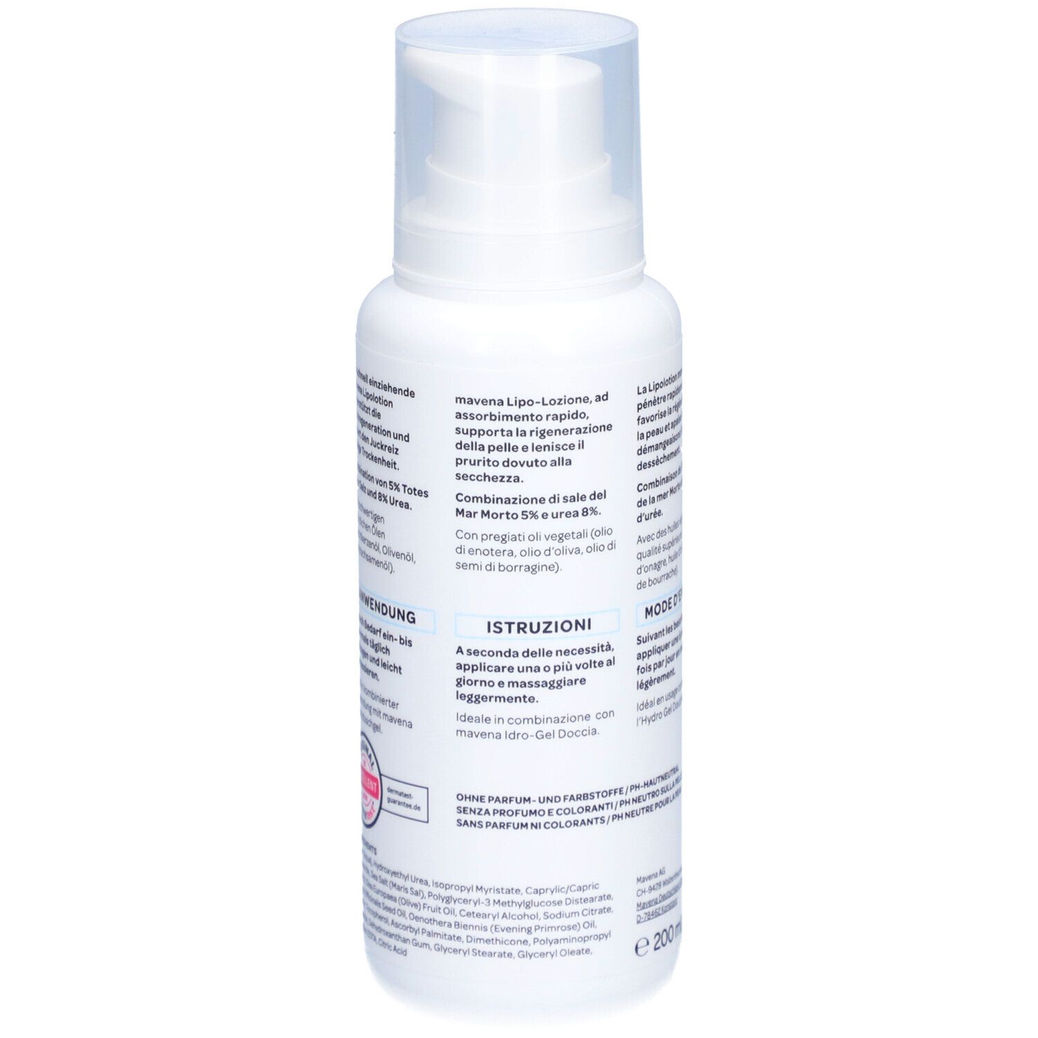 Dos du flacon blanc maVena Lipolotion. Texte en plusieurs langues. Ingrédients et mode d'emploi.