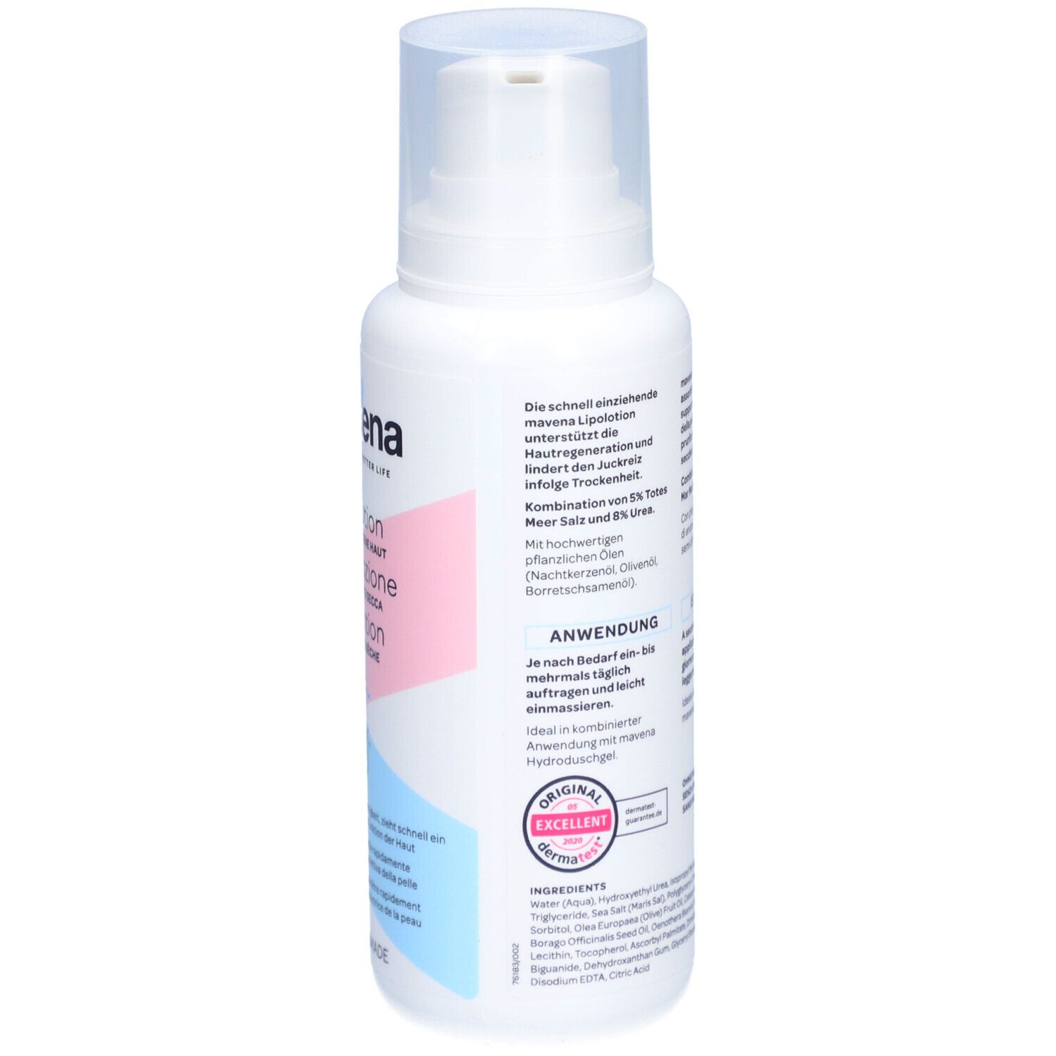 Dos du flacon blanc maVena Lipolotion. Texte en plusieurs langues. Ingrédients et mode d'emploi.