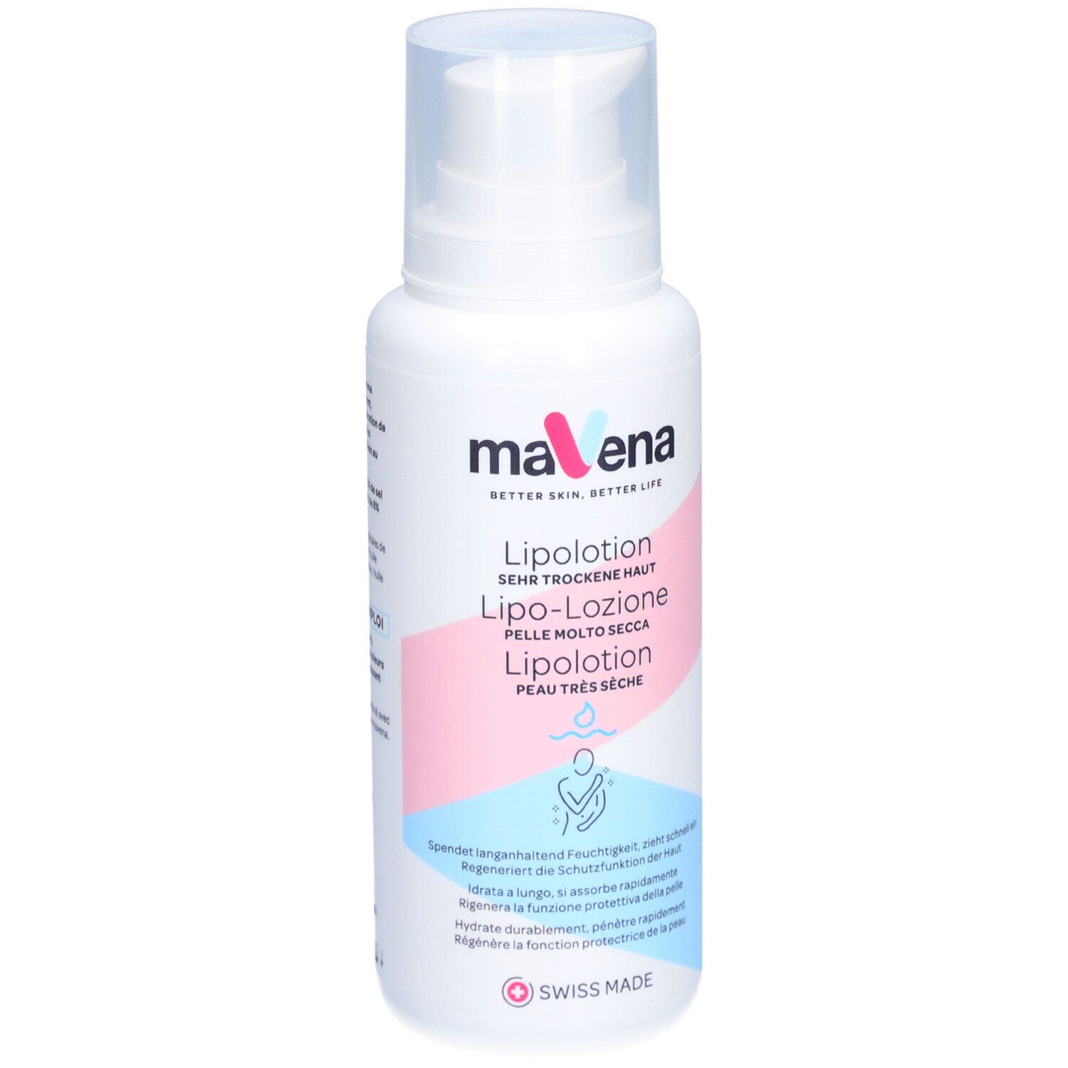 Flacon blanc maVena Lipolotion. Nom du produit et texte en allemand, italien et français. Avec pompe.