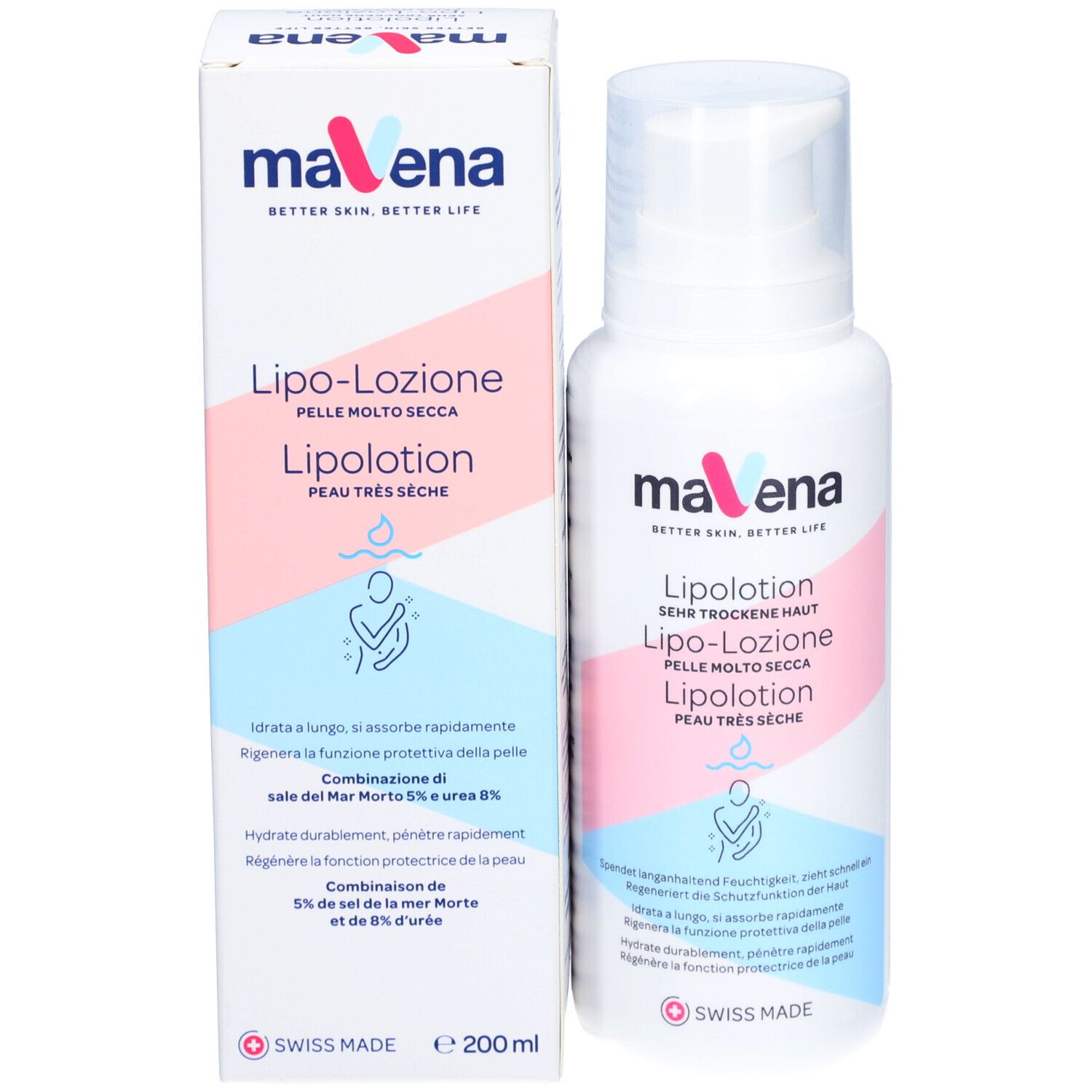 Flacon et emballage maVena Lipolotion. Nom du produit et texte en plusieurs langues. Avec pompe.