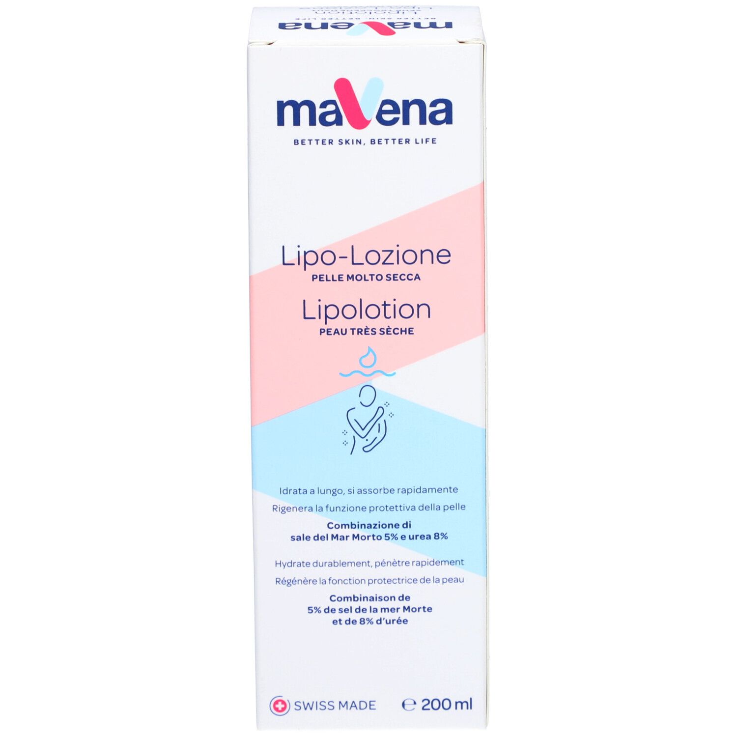 Emballage maVena Lipolotion. Nom du produit et texte en plusieurs langues. Avec logo.