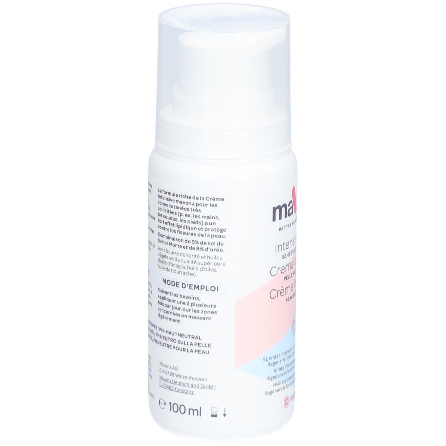 Flacon blanc maVena Intensivcreme avec pompe. Dos avec texte en allemand et français. 100 ml.