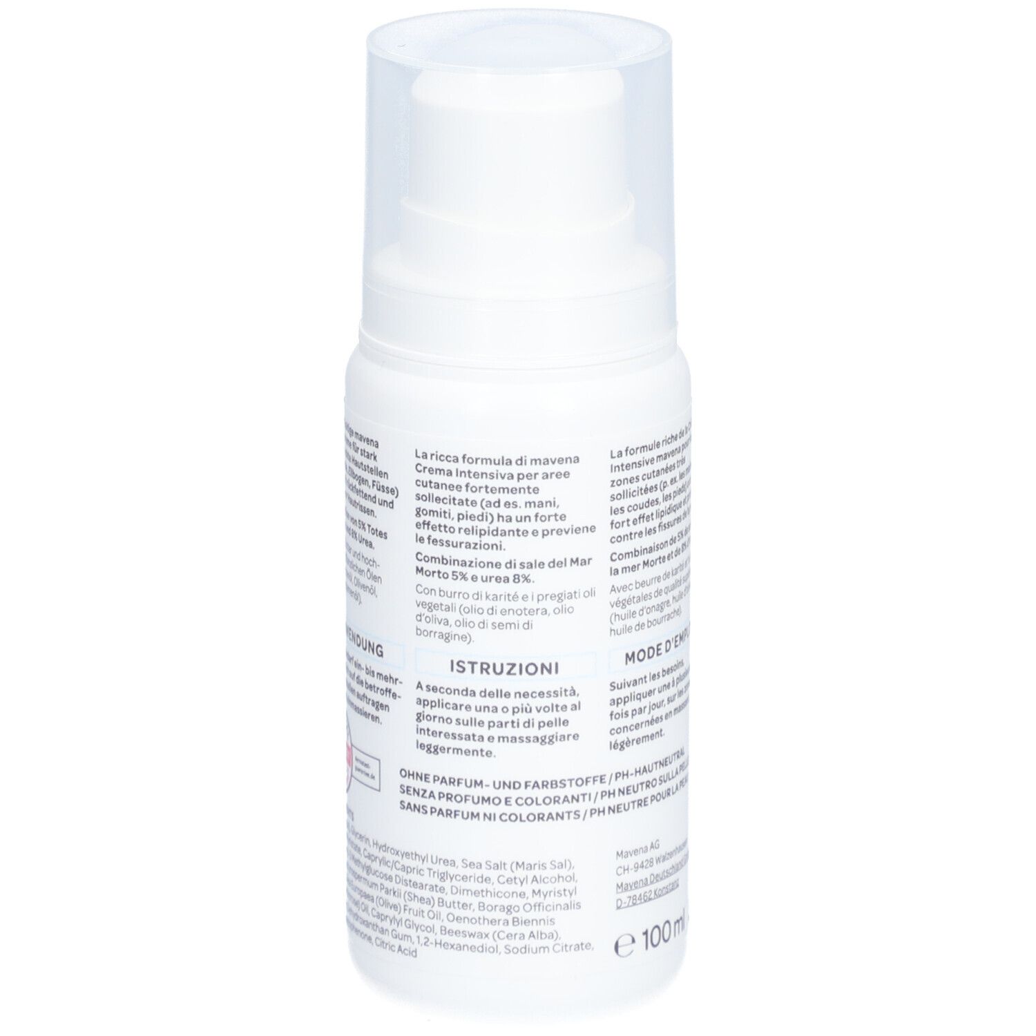 Flacon blanc maVena Intensivcreme avec pompe. Dos avec texte et ingrédients. 100 ml.