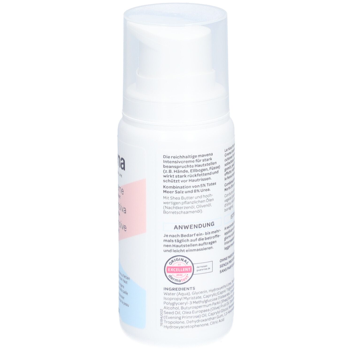 Flacon blanc maVena Intensivcreme avec pompe. Dos avec texte et ingrédients. Original Eckelmann.