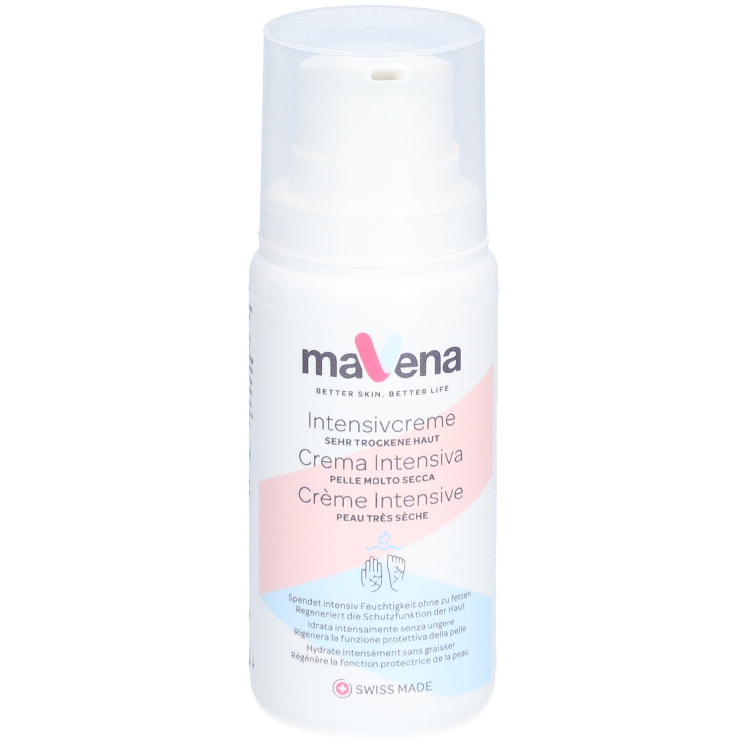 Flacon blanc maVena Intensivcreme avec pompe. Inscriptions en allemand, italien et français. Swiss Made.