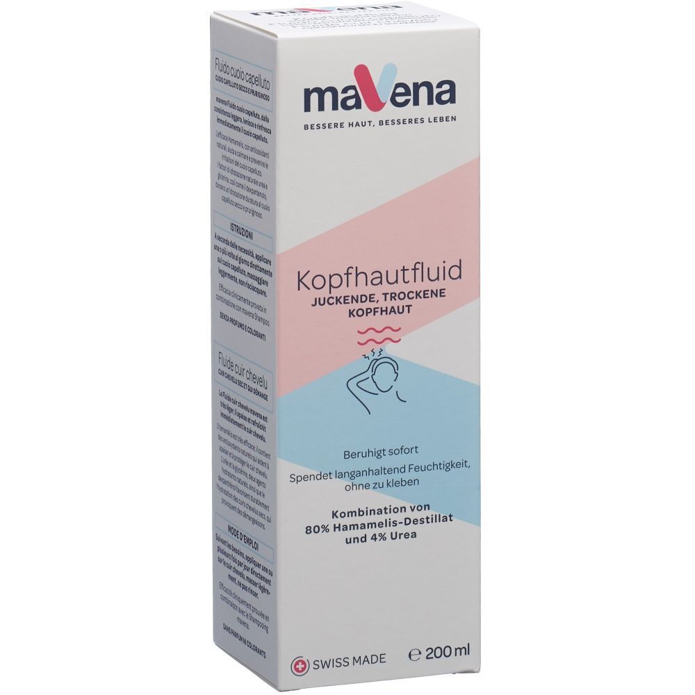 Boîte avec nom du produit et logo. Zones de couleur rose et bleu clair. Texte : Kopfhautfluid, cuir chevelu sec et qui démange.