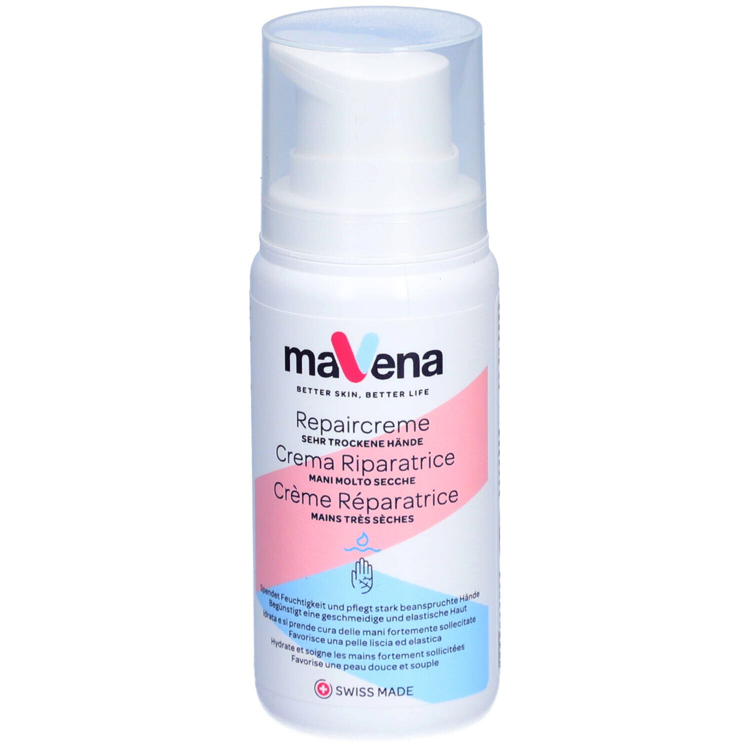 Flacon blanc avec pompe. Inscription : MAVENA Repaircreme, Creme Ripartrice, Crème Réparatrice. Swiss Made.