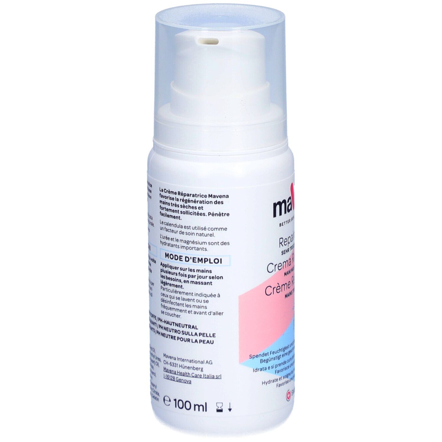 Flacon blanc avec pompe. Inscription : MAVENA Repaircreme. Texte en allemand, italien, français. Swiss Made. 100 ml.