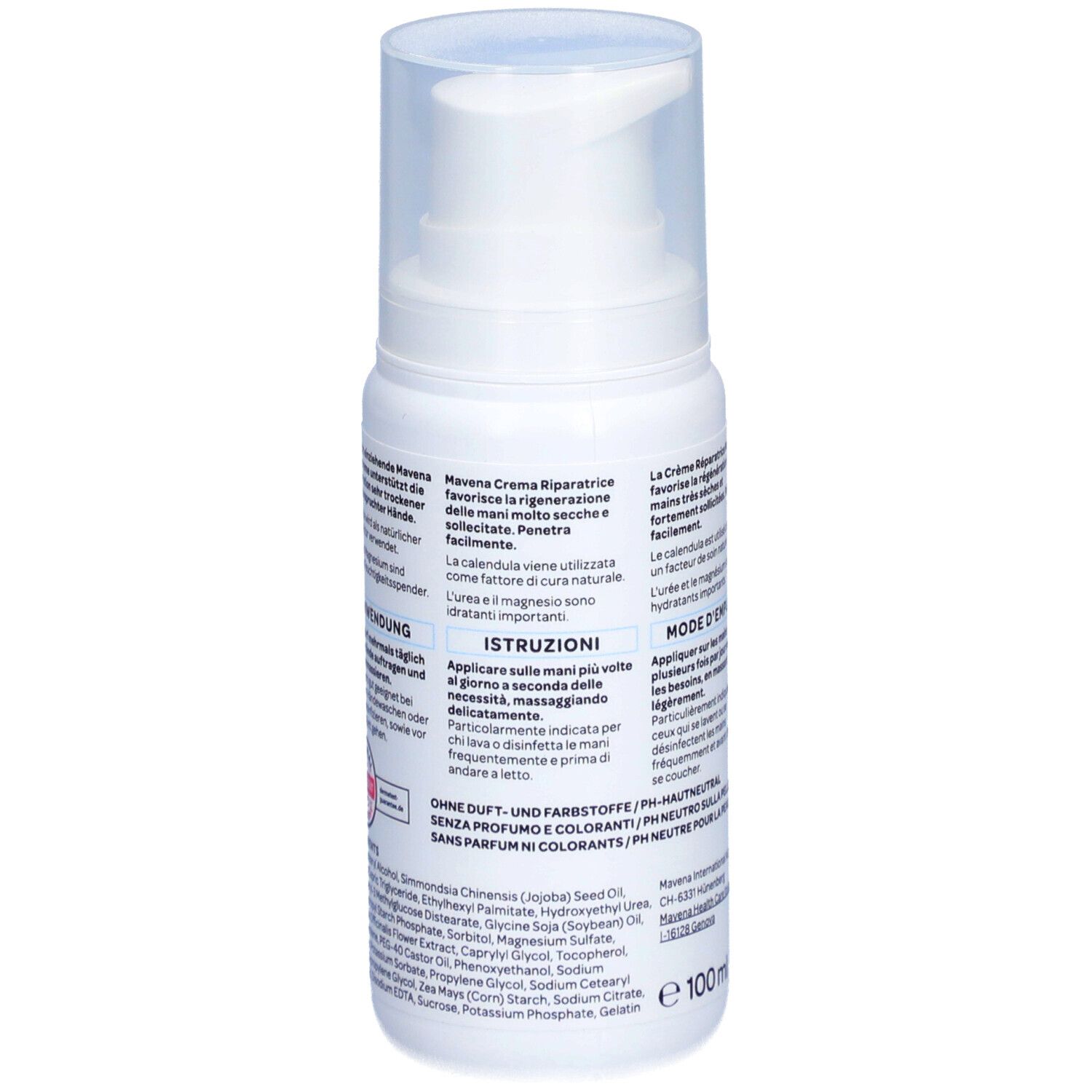 Flacon blanc avec pompe. Inscription : MAVENA Repaircreme. Texte en allemand, italien, français. 100 ml. Sans parfum ni colorants.