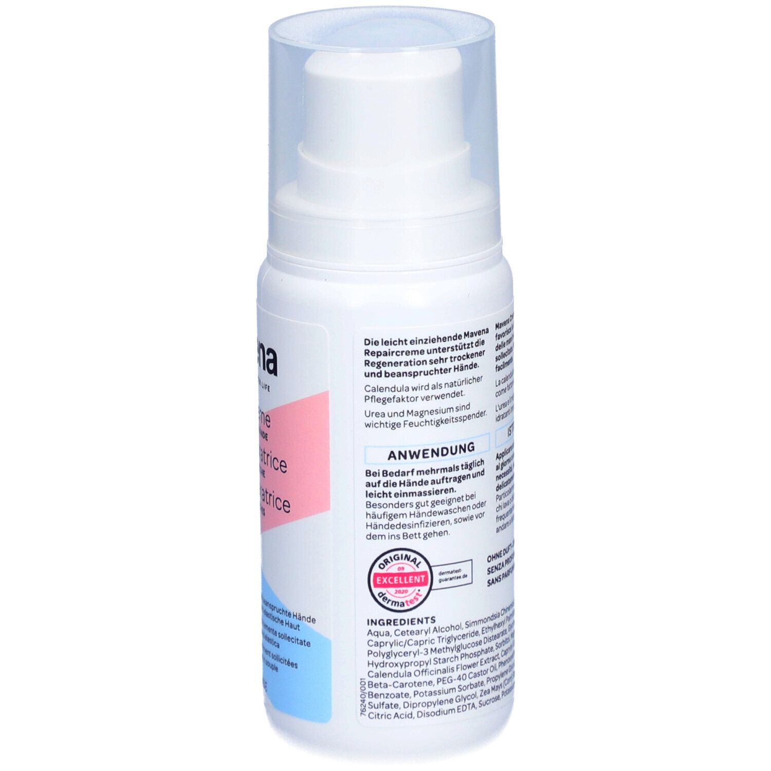 Flacon blanc avec pompe. Inscription : MAVENA Repaircreme. Texte en allemand, italien, français. Sceau Original Excellent.