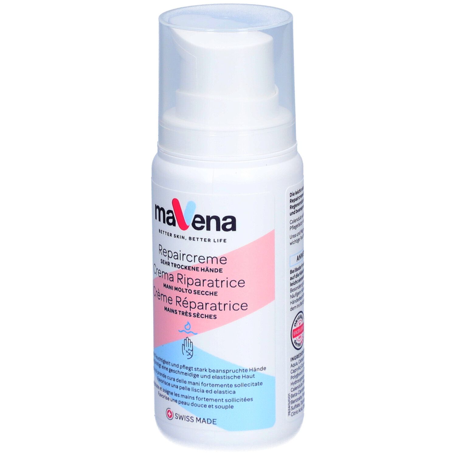 Flacon blanc avec pompe. Inscription : MAVENA Repaircreme, Creme Ripartrice, Crème Réparatrice. Swiss Made.