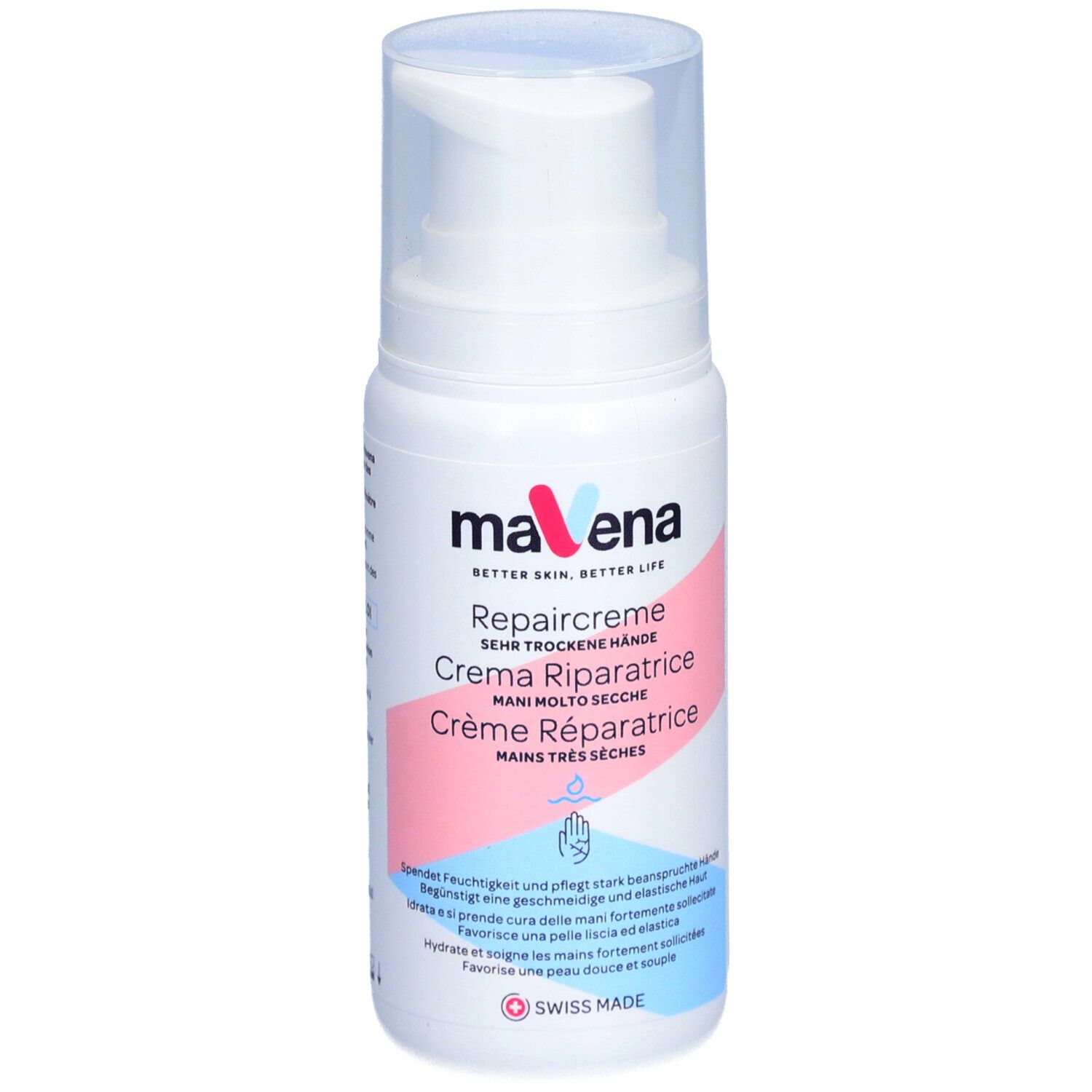 Flacon blanc avec pompe. Inscription : MAVENA Repaircreme, Creme Ripartrice, Crème Réparatrice. Swiss Made.