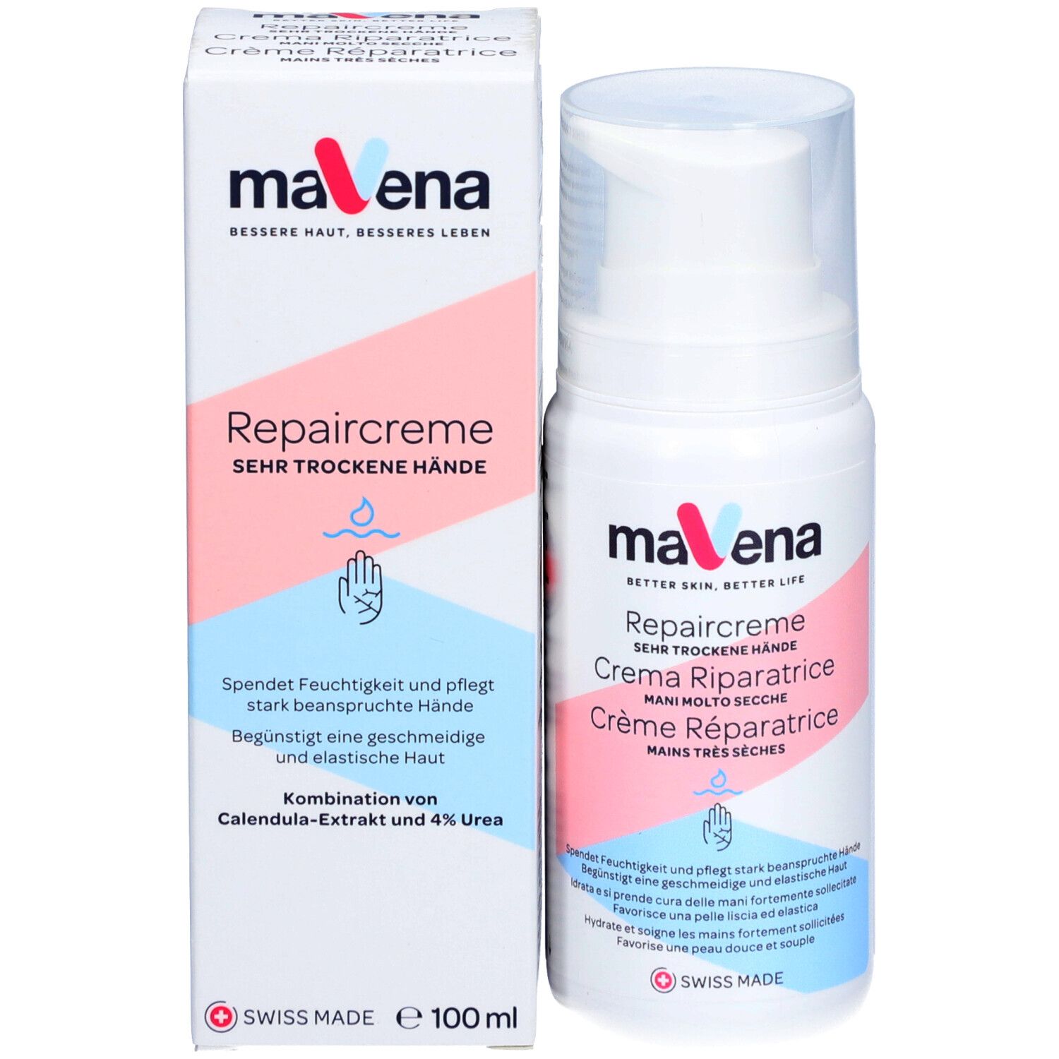 Produit et emballage. Flacon blanc avec pompe et carton. Inscription : MAVENA Repaircreme, Creme Ripartrice, Crème Réparatrice. 100 ml.