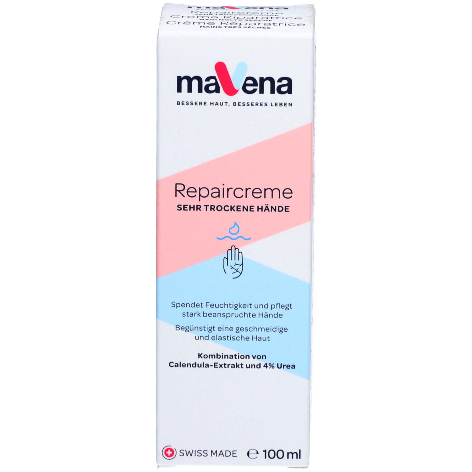 Boîte en carton. Inscription : MAVENA Repaircreme, mains très sèches. 100 ml. Swiss Made.