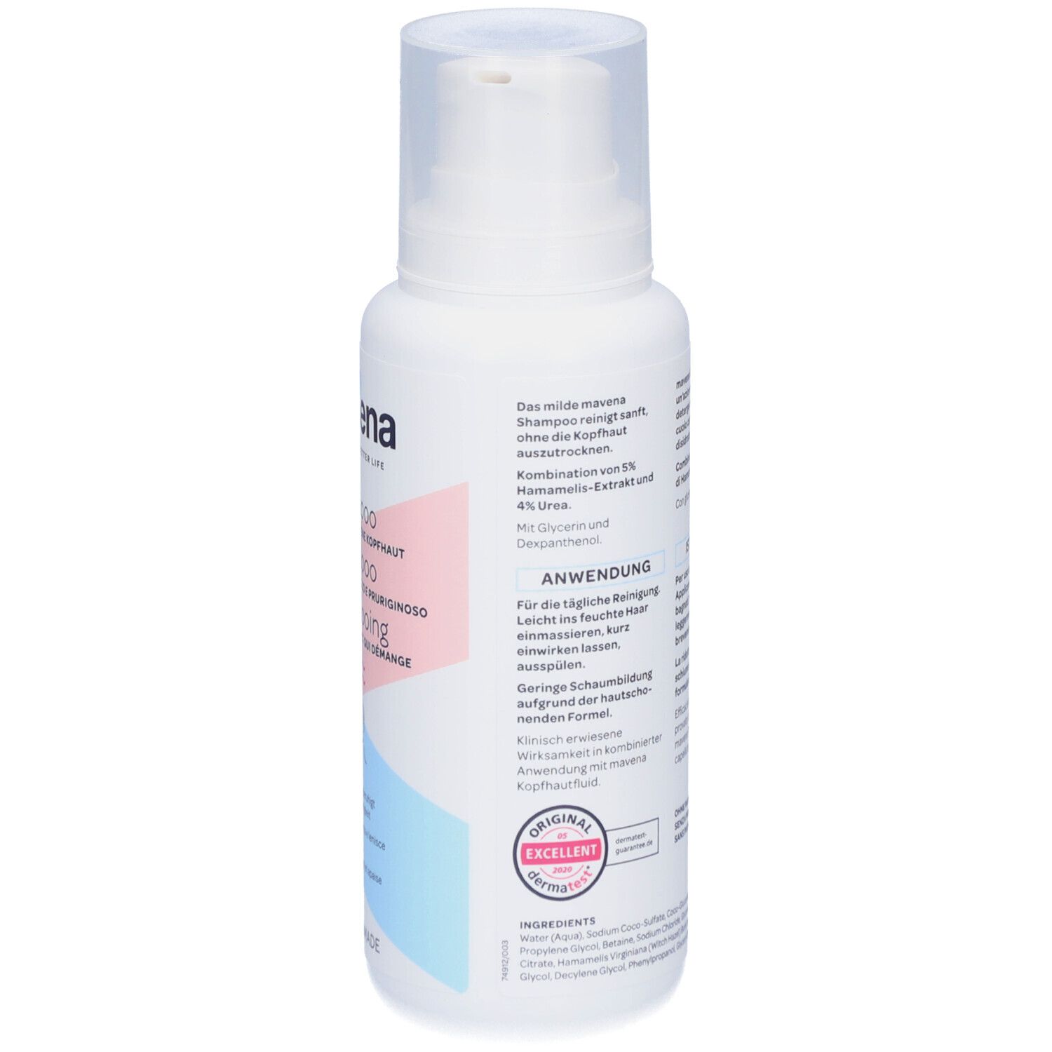 Dos du flacon blanc avec pompe. Texte multilingue. Contient des instructions et des ingrédients. Volume: 200 ml. Label de qualité.