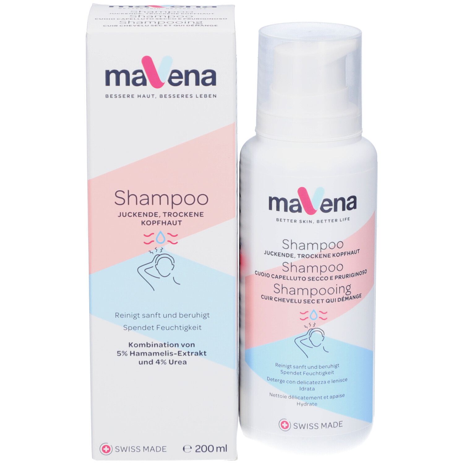 Produit et emballage. Flacon blanc avec pompe et carton. Inscription: Mavena Shampoo. Volume: 200 ml. Swiss Made.