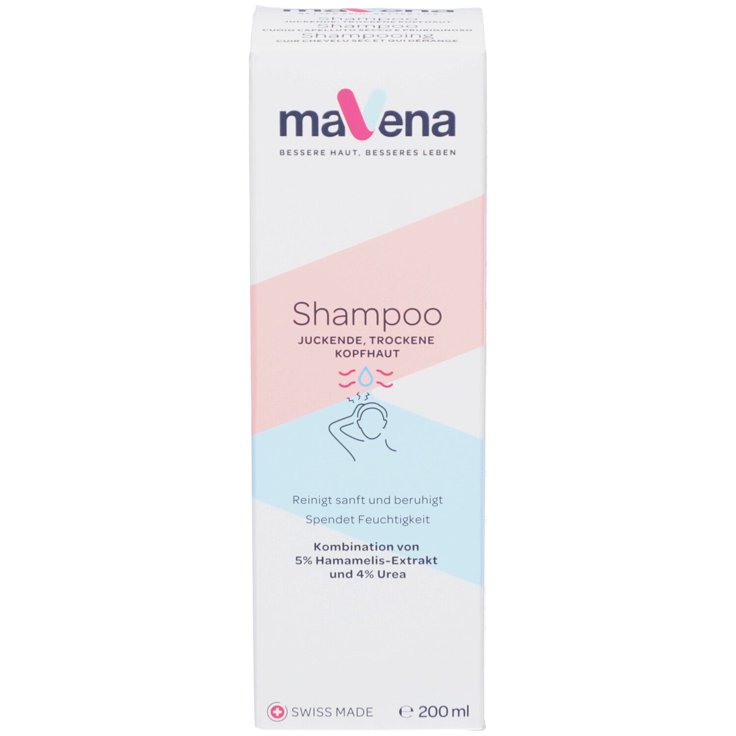 Emballage du produit. Carton blanc avec inscription: Mavena Shampoo. Texte en allemand, italien, néerlandais et français. Volume: 200 ml.