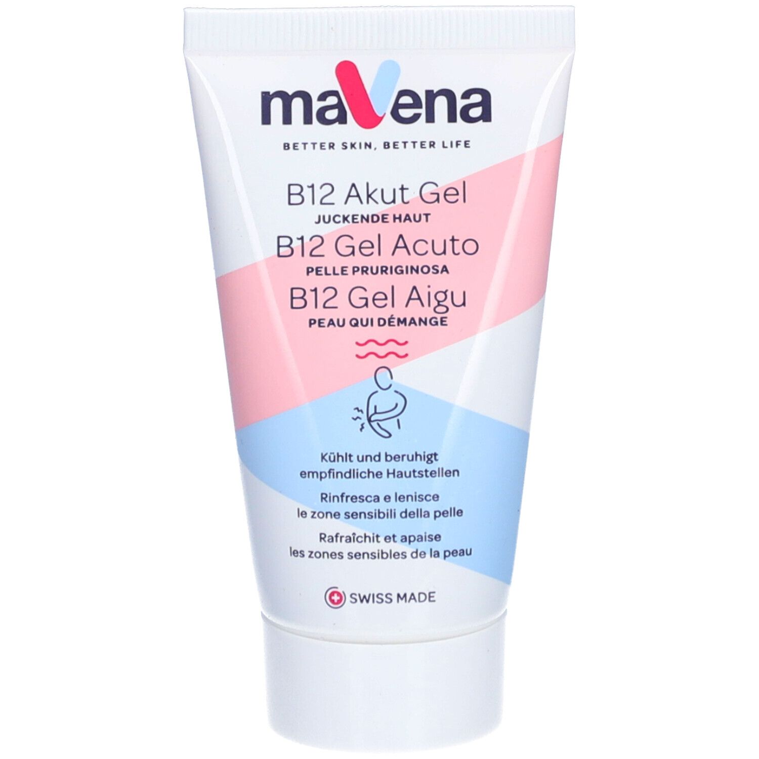 Tube blanc Mavena B12 Gel AIGU. Bandes roses et bleues. Logo Swiss Made.