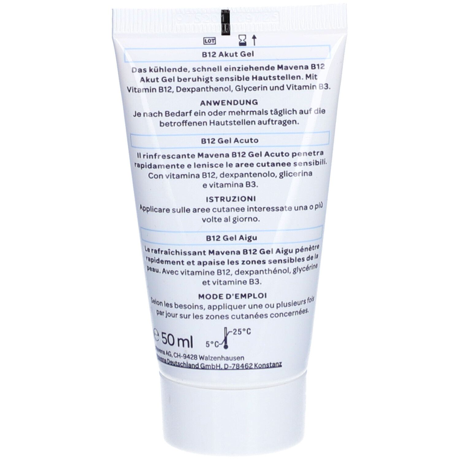 Dos du tube. Texte en allemand, italien et français. Indications de température.