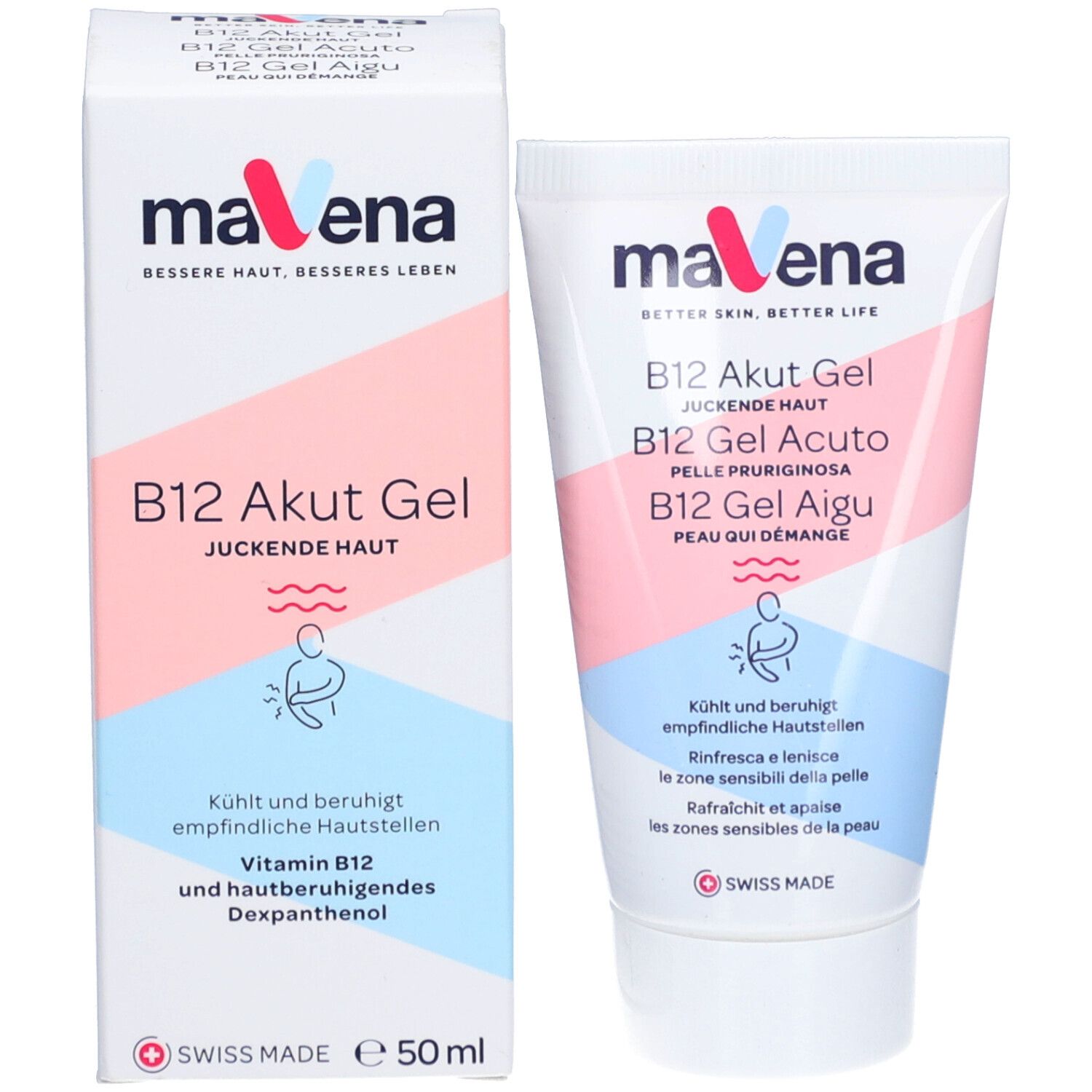 Mavena B12 Gel et emballage. Boîte et tube blancs. Noms de produits et logo.
